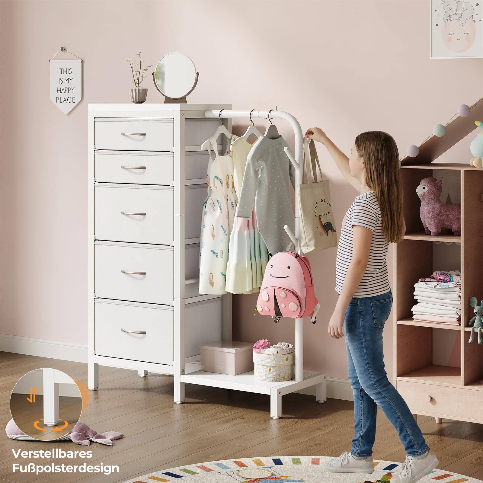 HOMRELEXA Kommode mit Schubladen, Kommode Weiß mit 5 Stoff Schubladen, Kleine Kommodeschrank mit Kleiderstange, Kinderkleiderschrank, Stoffkommode für Schlafzimmer Kinderzimmer Wohnzimmer Flur