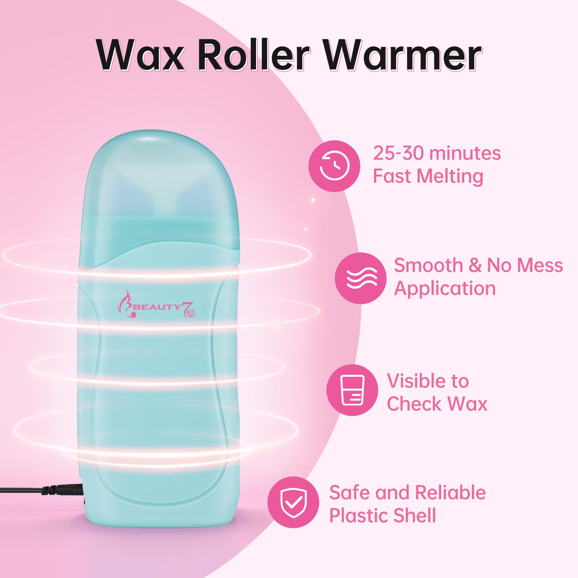 Beauty7 Elektrisches Warmwachsgerät Wachspatronen Set, 2 x Roll-on Wax Wachspatronen, Roll On Wax Roller, für die Haarentfernung im Achsel, Intim, Bein und Brustbereich mit 100 Vlies-Wachspapier