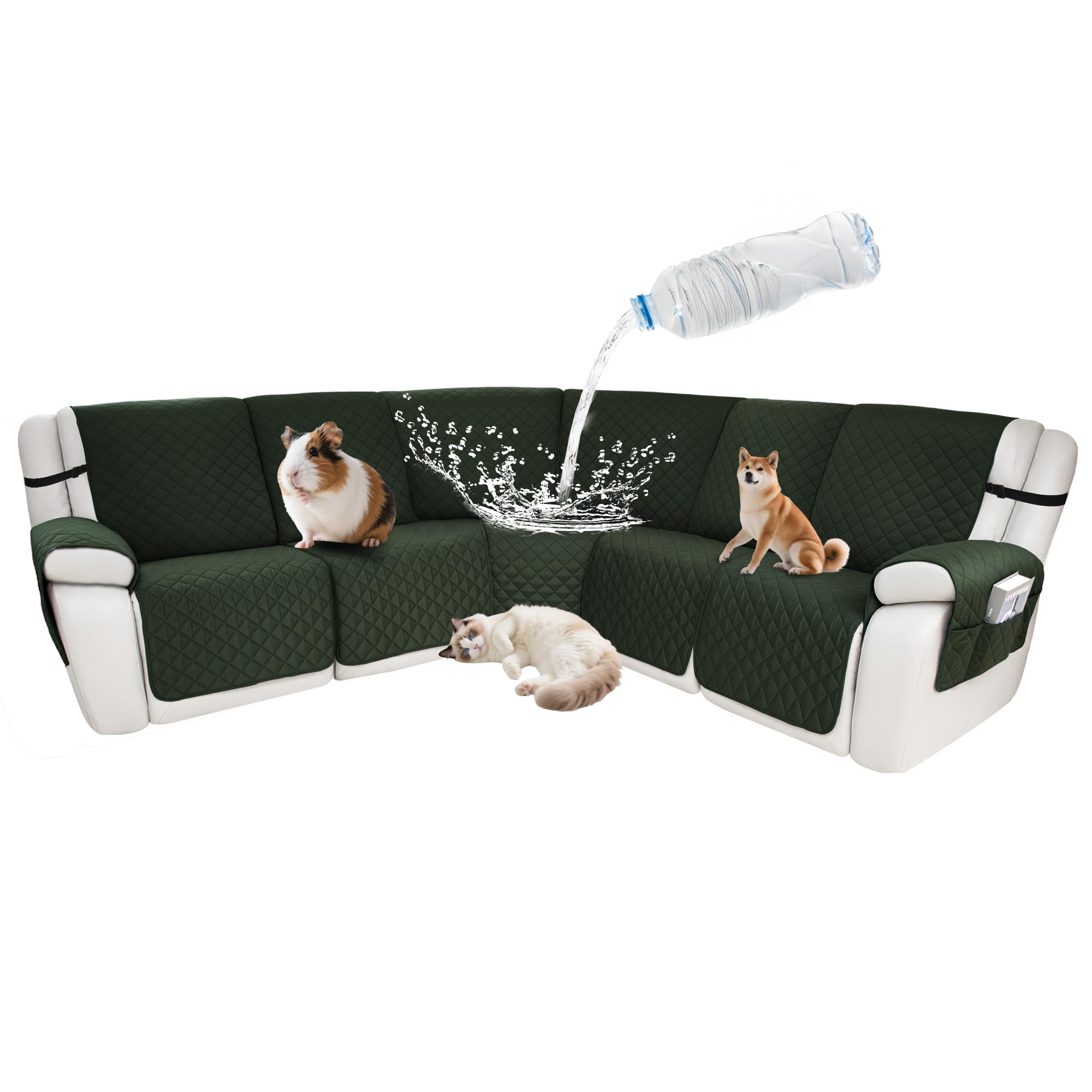Waterproof Sectional Reclining Couch Covers L Shaped Recliner Sectional Sofa Cover 7 Piece Non Slip Washable Corner Recliner Slipcover Set for Pet Dog (5 Seater Cover, Olive Green)