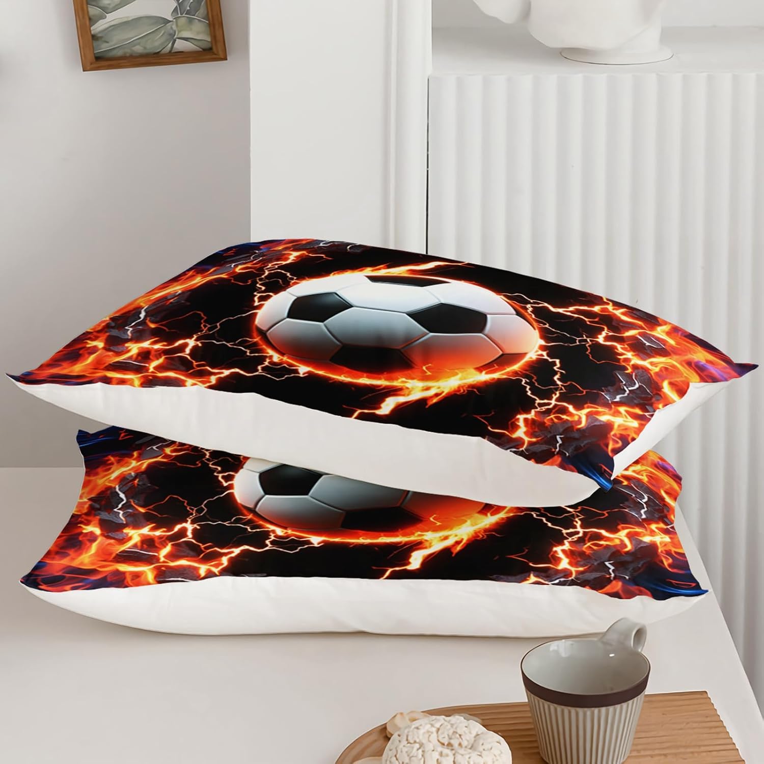 QOOMO Flame Soccer Kids Twin Comforter Set 3Pcs Lightning Football Bedding Set for Girls Boys Sports Ball Game Printed Comforter with 2 Pillowcases Lightweight Microfiber for All Seasons
