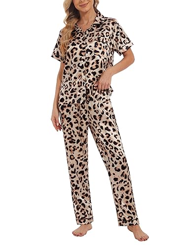 YIJIU Womens Silk Satin Pajamas Set Short Sleeve Sleepwear Soft