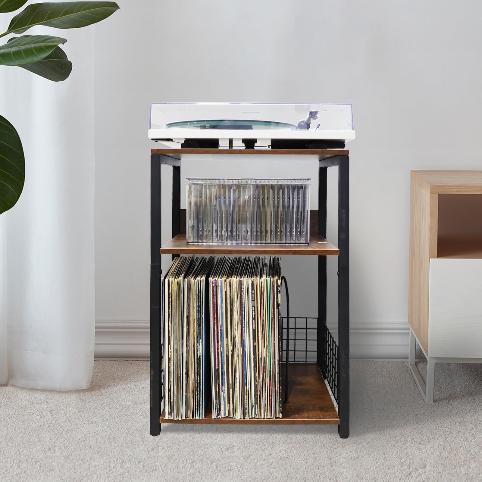MayRecords Supporto per giradischi, tavolino con 3 ripiani in vinile, supporto per riporre fino a 100 album, supporto marrone per soggiorno, camera da letto