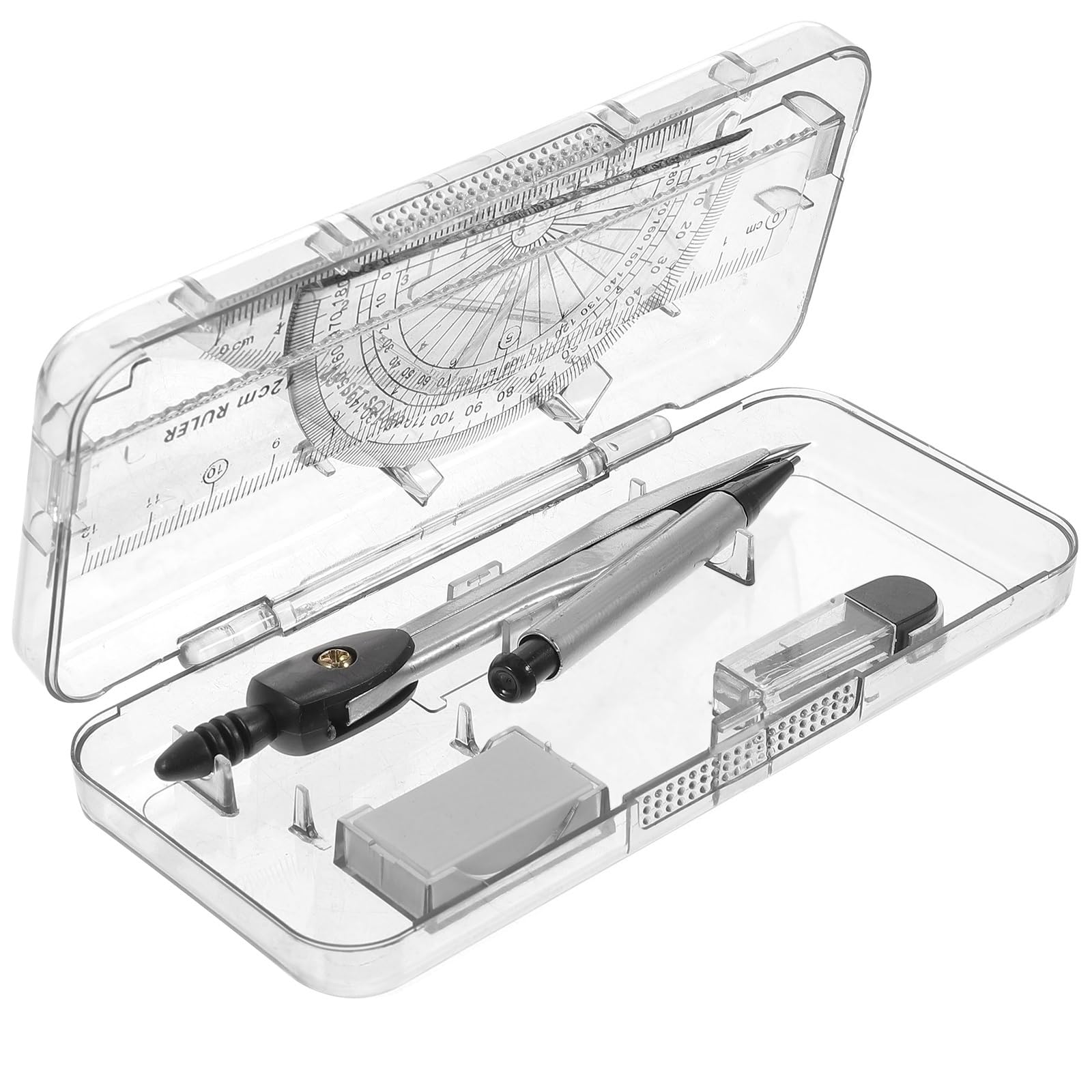 Mathe-Set, Winkelmesser-Set mit Radiergummi, Lineal-Set, transparentem Winkelmesser-Set und Mathe-Zirkel, mit Minennachfüllungen, Zeichenkompass for Geometrie-Set, Zeichenwerkzeug-Set for Schüler, Kom