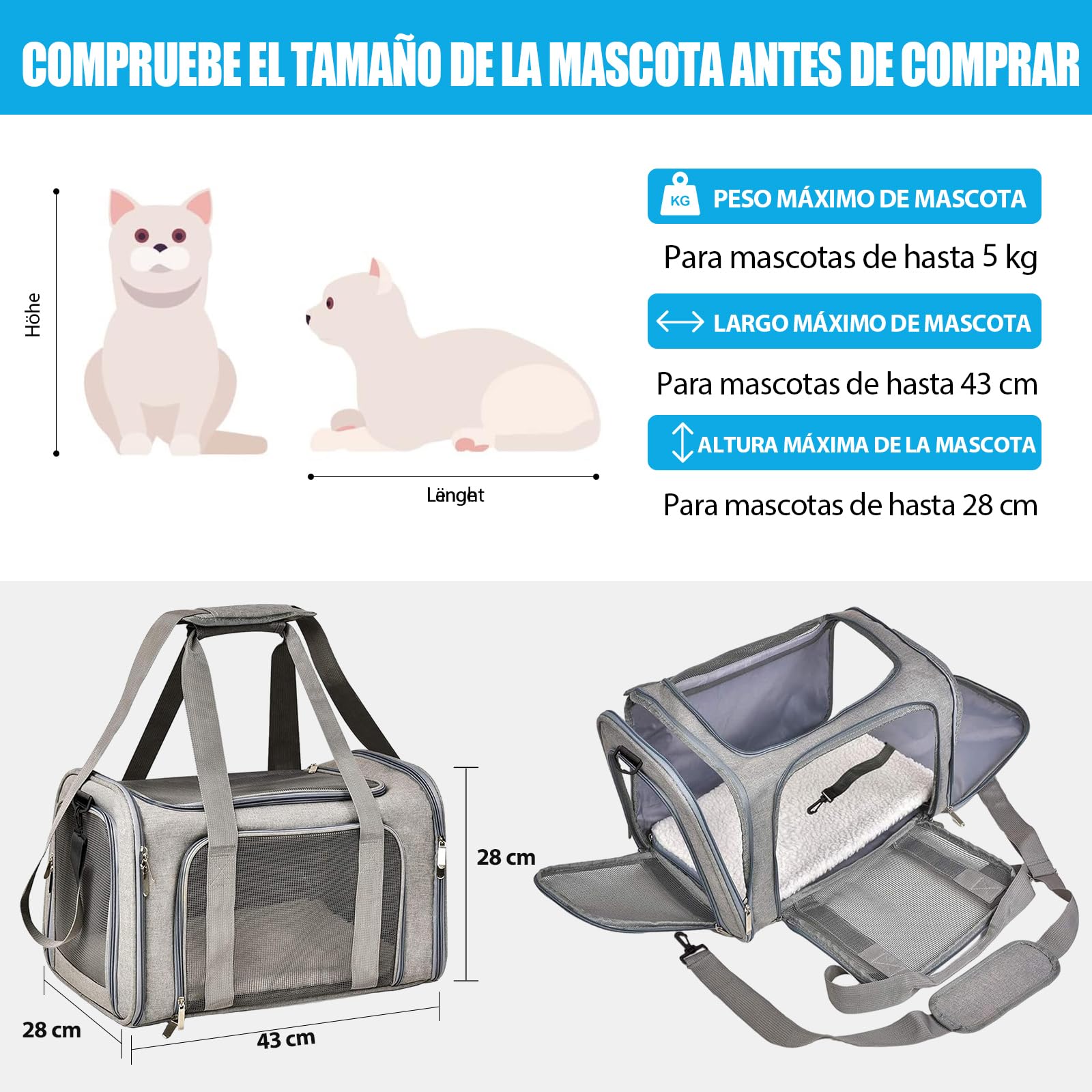 Transportín para Perros Bolsa, Bolsa Transporte Transpirable para Mascotas, Correa de Hombro Ajustable y Colchón Suave, Soporta 8 kg, Transportin Animal (Gris, L 43 x W 28 x H 28 cm)