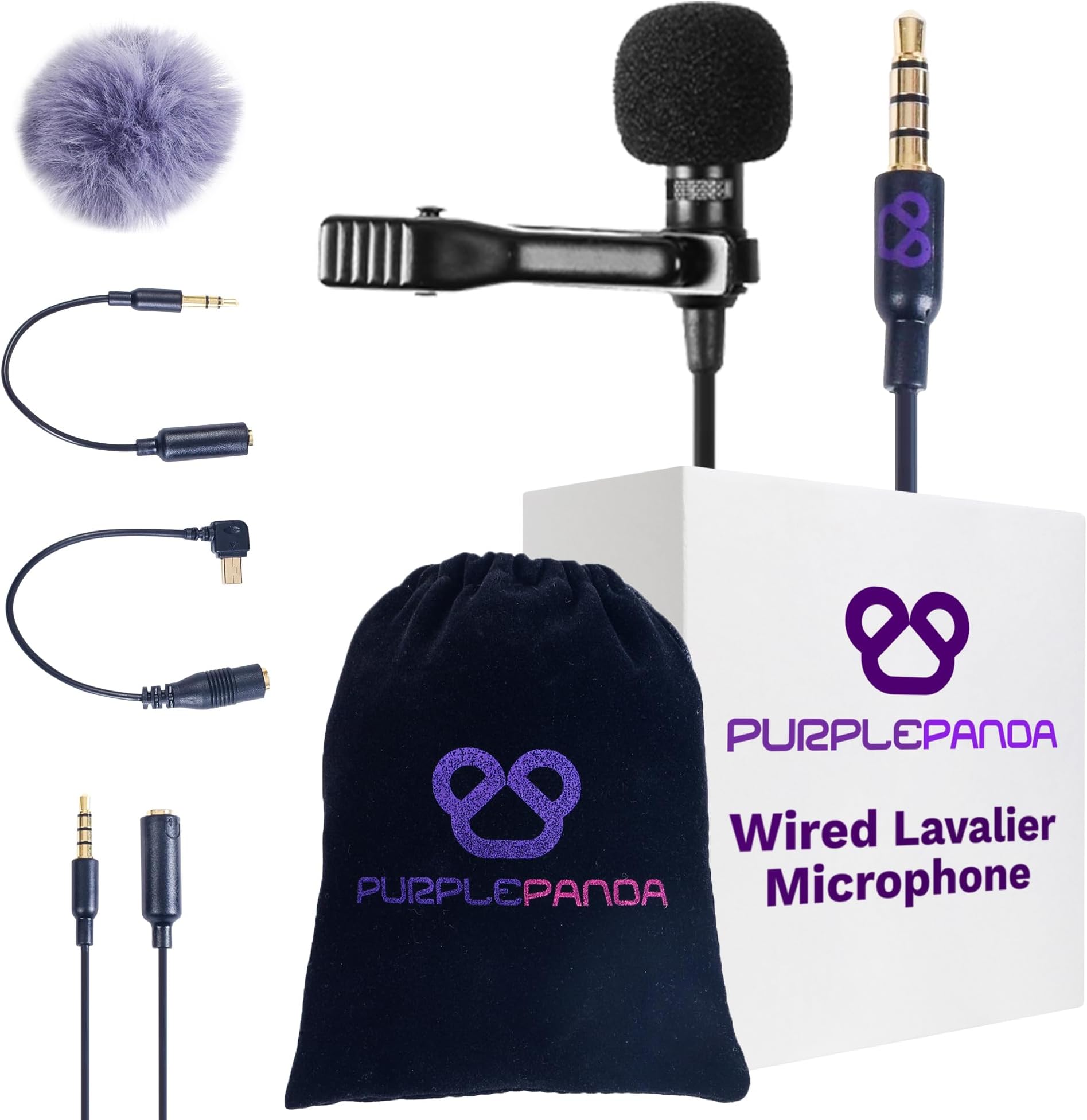 Purple Panda Lavalier Microphone Kit – Clip-On Lapel Mic for Motovlog, Creators & Vlogging – GoPro, DJI & Insta360 Action Cameras, iPhone, Android, iPad, DSLR, Zoom/Tascam, PS5 – Omnidirectional