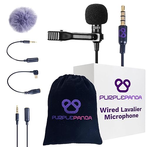 Kit de micrófono de solapa Purple Panda, micrófono de condensador omnidireccional con clip compatible con iPhone, iPad, GoPro, DSLR, grabadora Zoom/Tascam, Samsung, Android, PS4