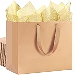 SHIPKEY 12 Pack Large Brown Gift Bags, 5 Senses Kraft Bags with Golden Tissue Paper, 12.5x4.5x11 Inches Paper Bags with Handles (32x11.5x28cm)