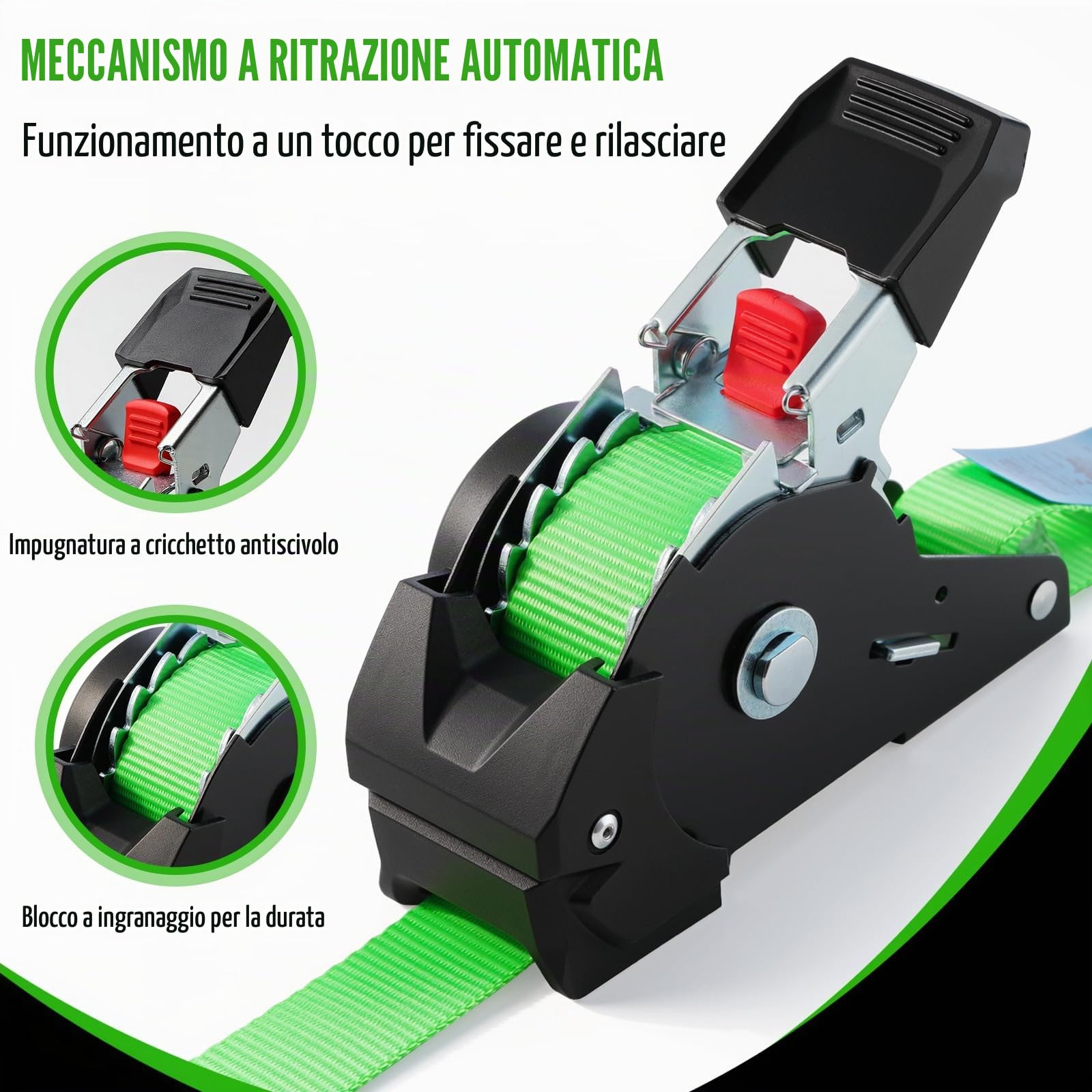 TLGREEN Cinghie di ancoraggio automatiche 4 pezzi, 3 m x 25mm, Cinghie di tensione autoavvolgenti con ganci a S, resistenza alla rottura 748kg, cinghie di fissaggio per camion, rimorchi, moto