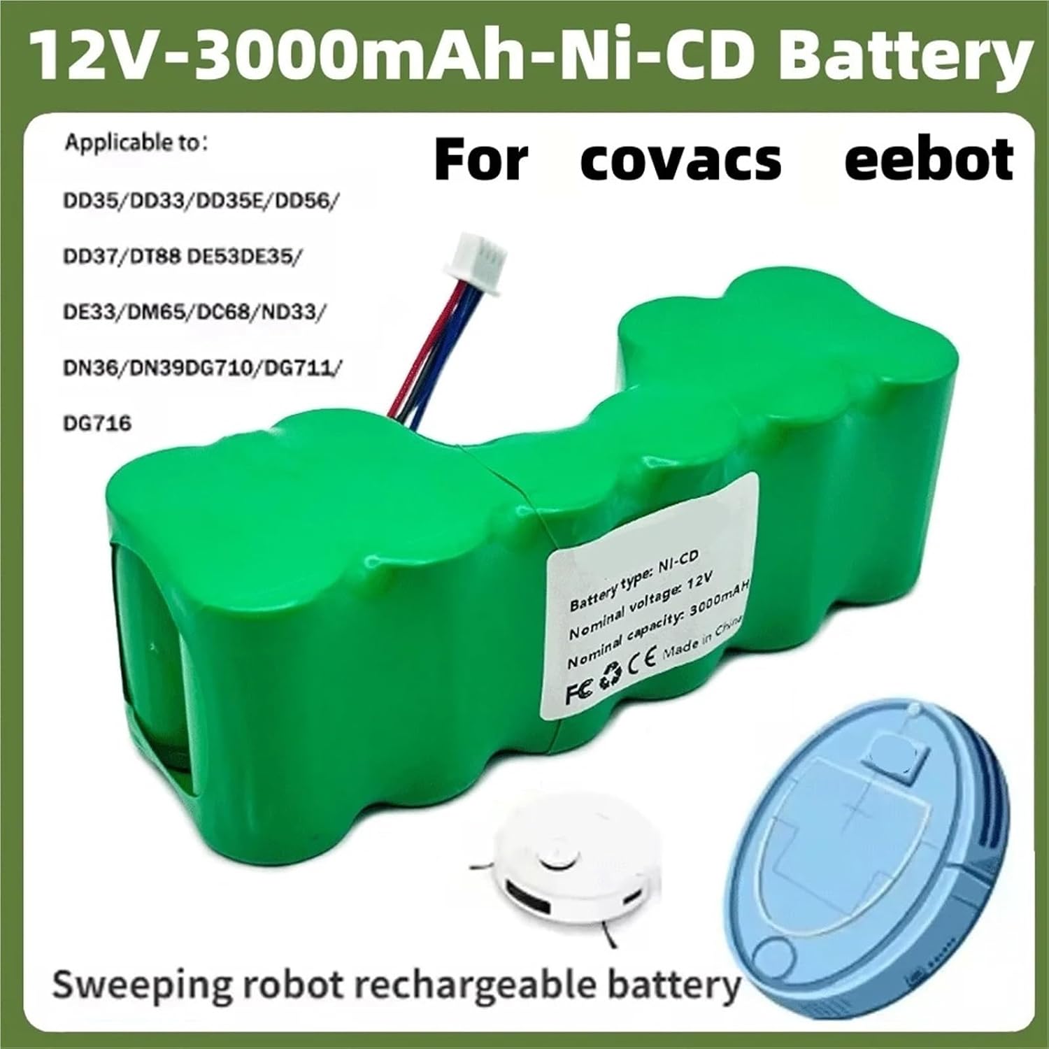 12V 3000mAh Ni-CD Battery,Compatible For Ecovacs,10001568 10002167 DD3G DD4G DE5G DD35 DG710 DM88 ZJ1517-HFR Robotic Vacuum Cleane(12v 3000mAh 2pcs)