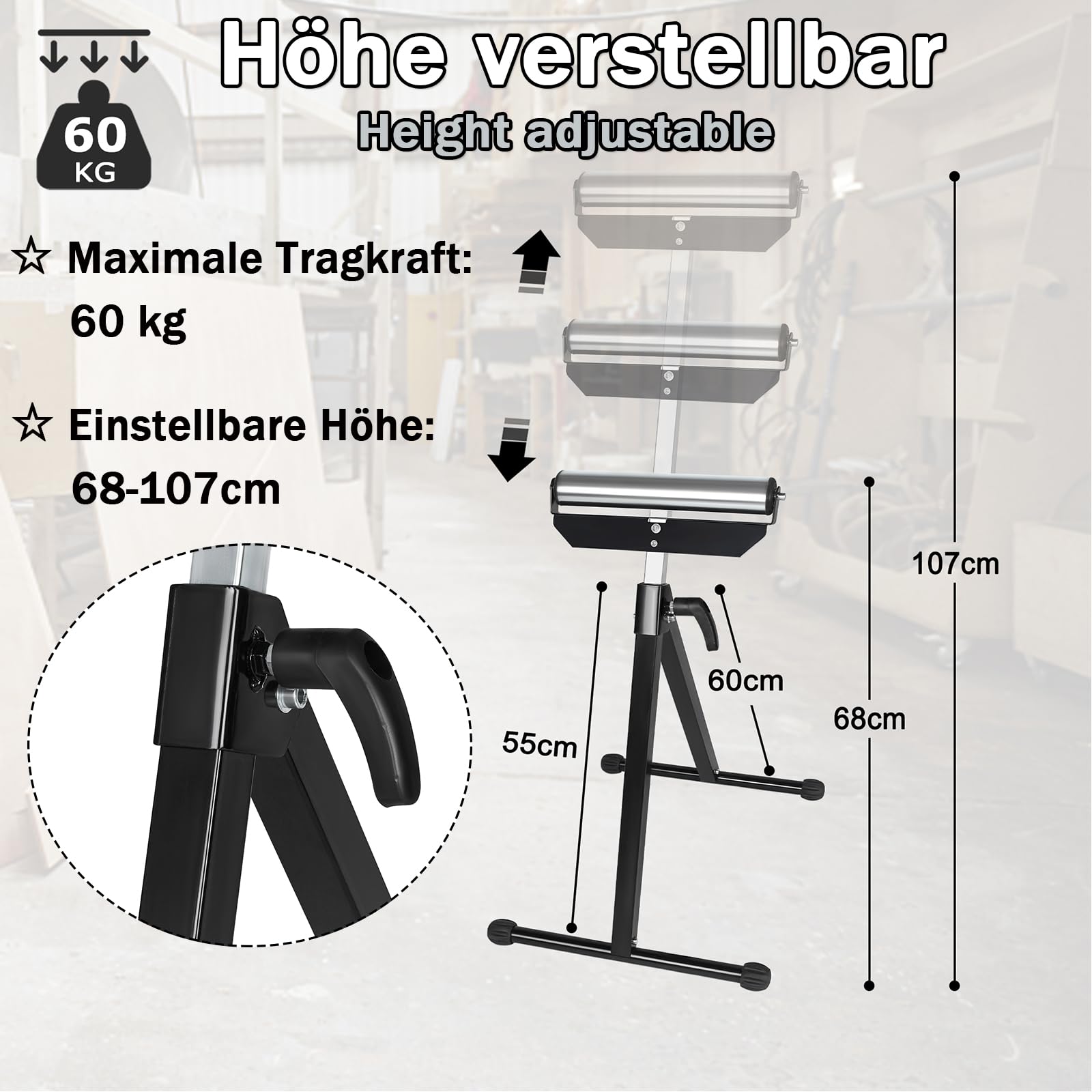 LZQ Lot de 2 tréteaux à roulettes réglables en hauteur de 68 à 108 cm, support pliable, support à roulettes pliable avec pieds antidérapants, tréteau de support jusqu'à 60 kg
