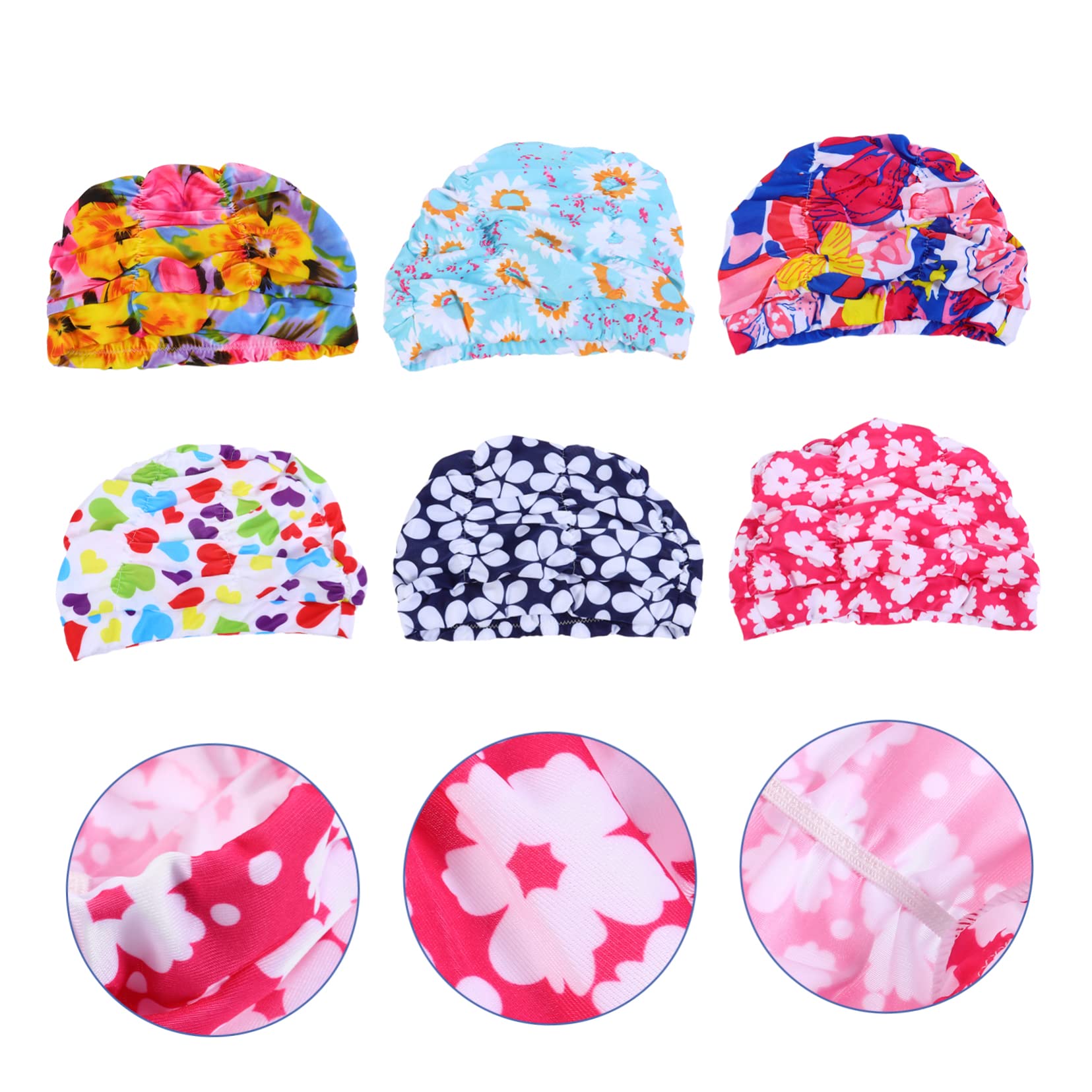 WOONEKY 6 Piezas Gorro de Natación Plisado para Adultos Elástico y Cómodo Estampados Aleatorios para Baño y Piscina