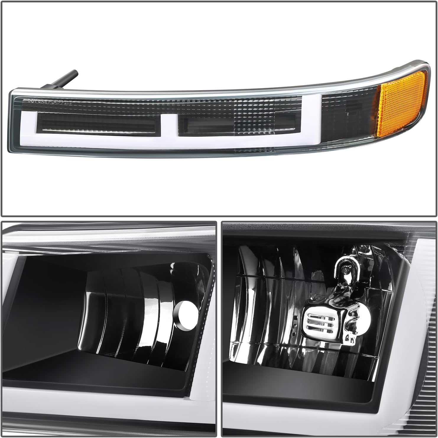 DNA MOTORING E-Style LED DRL Headlight+Parking/Turn Lamps Set Compatible with 03-14 Express/Savana 1500, 03-23 Express/Savana 2500 3500,Black/Amber,HL-LB4-CEGS03-4P-BK-AM