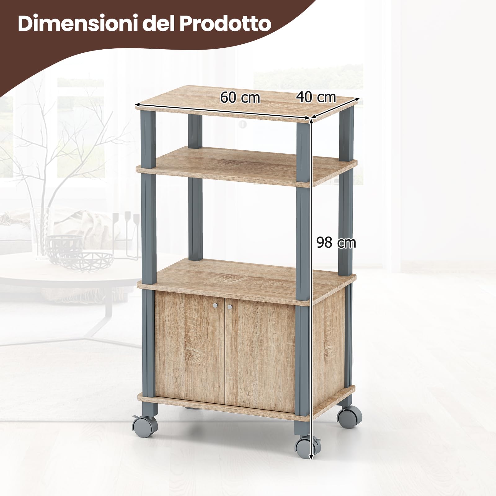 COSTWAY Scaffale da Cucina per Microonde Carrello da Cucina, con Ruote e 2 Ante, Multifunzionale e Movimento Flessibile, 60x40x98 cm (Naturale)