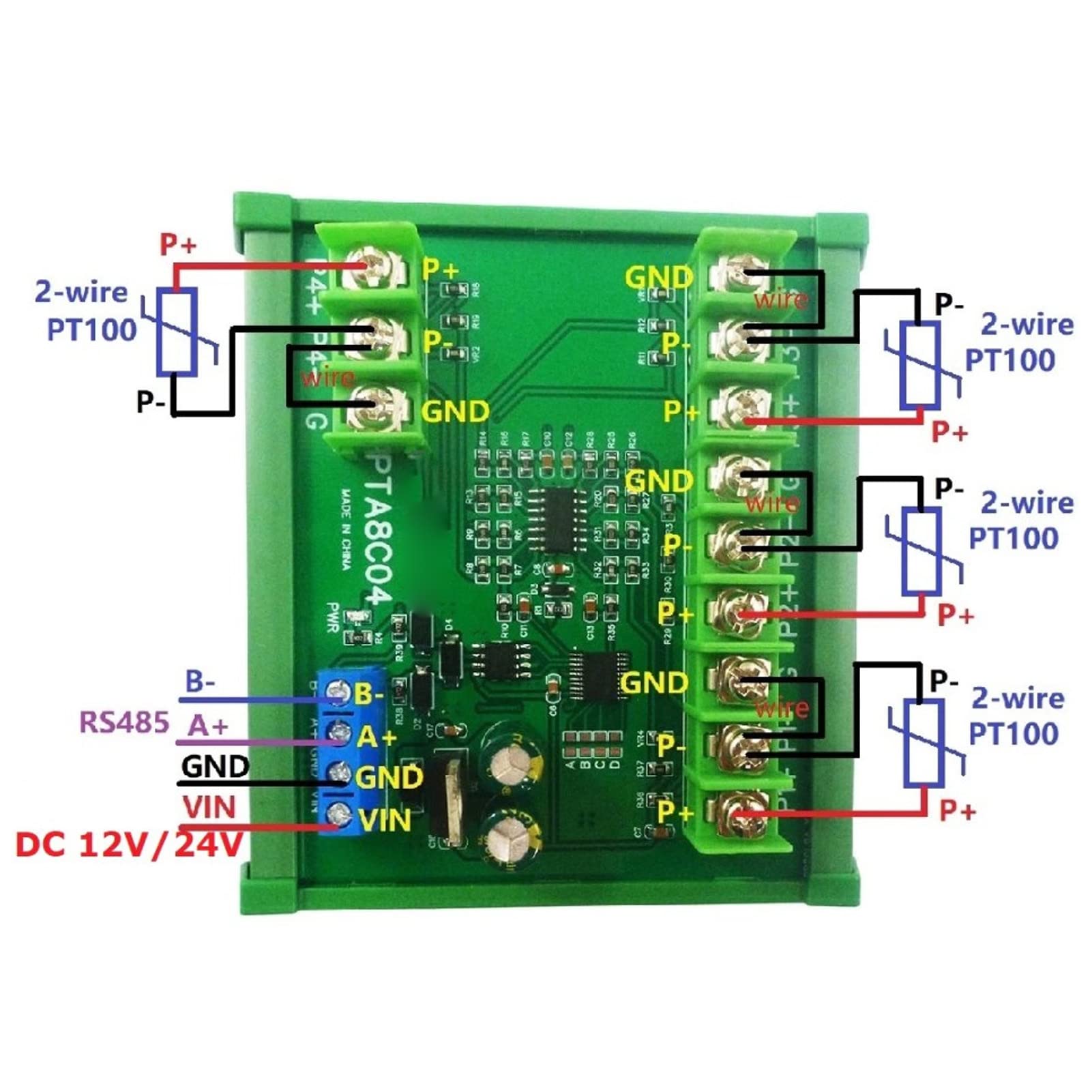 PT100 Capteur de Température RTD 4 Canaux Haute Précision Module Acquisition Stable Modbus RTU 24 bits -200℃ à 650℃ pour Automatisation Industrielle avec Rail DIN DC24V