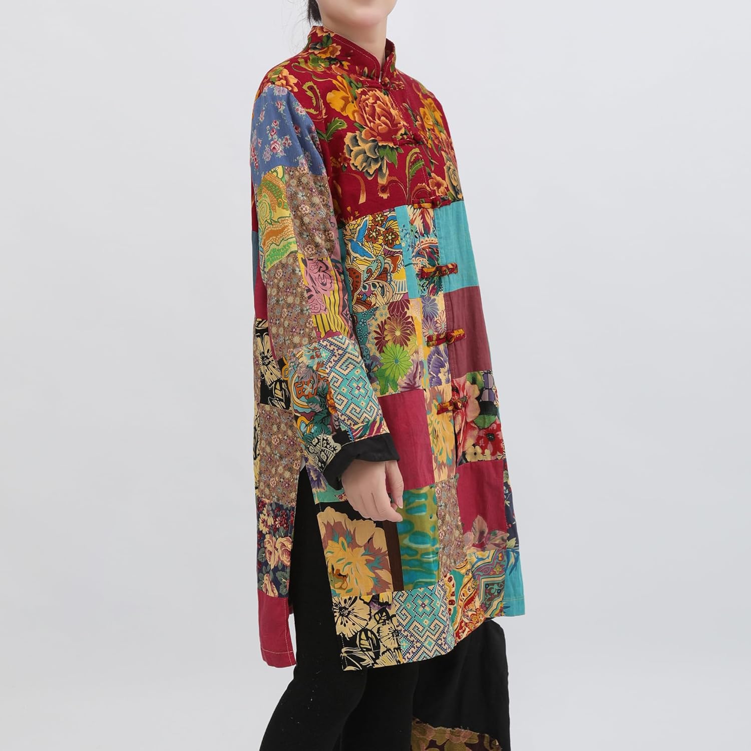 LZJN Women‘s Patchwork Trench Coat - Floral Cotton Linen Long Jacket, Cottagecore Bohemian Outerwear - Image 5