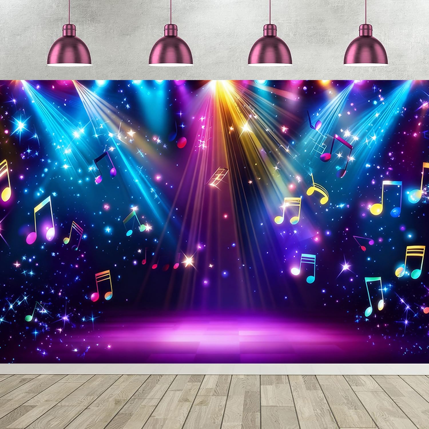 Sfondo Fotografico Arcobaleno Fase Disco 3.6x2.5m, Colorato Neon Light Stage Note Musicali Fotografia Sfondo Anni '70 '80 '90 Musica Club Discoteca Festa Decorazione Banner Accessori Puntelli