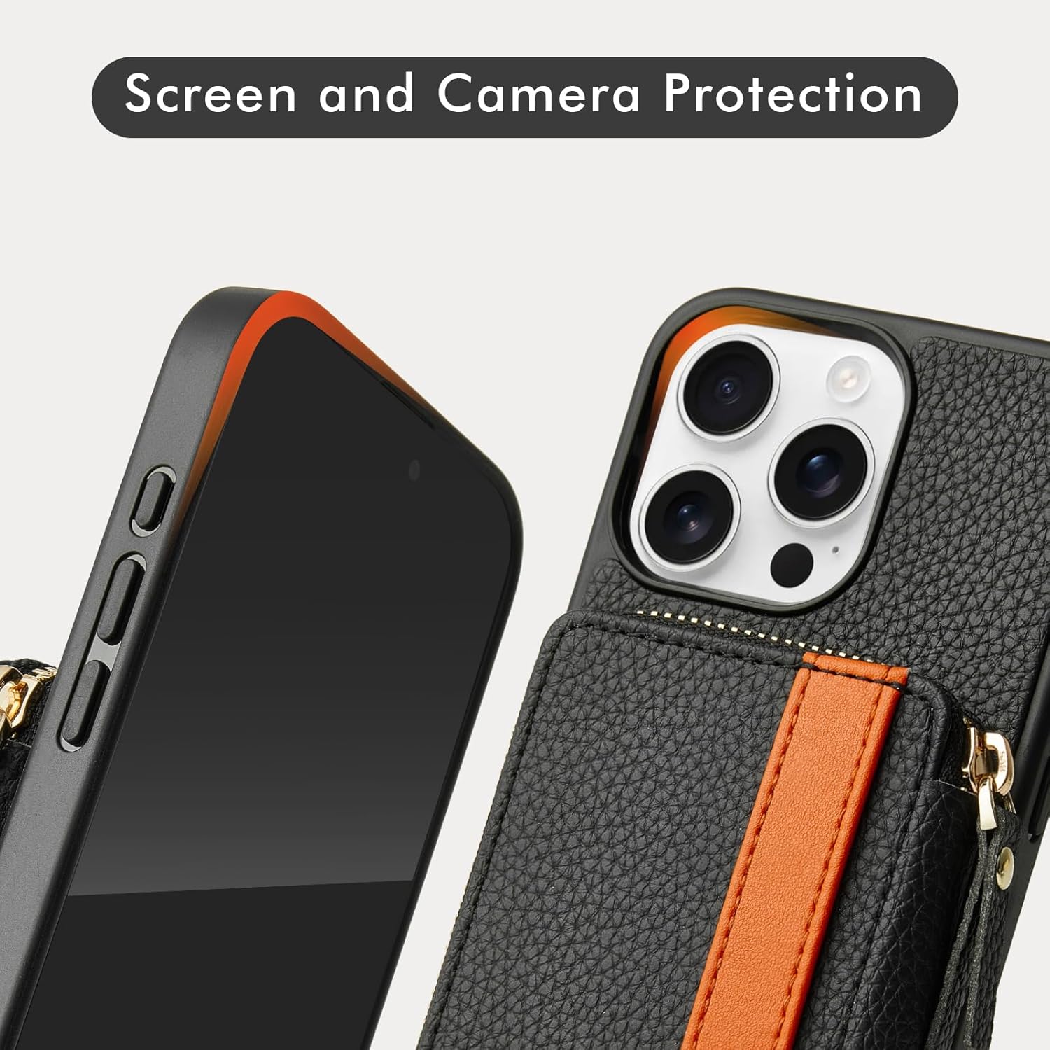 LAMEEKU for iPhone 15 Pro Wallet Case with Card Holder, Zipper Leather Crossbody Case with Kickstand Wrist Strap Lanyard for Women, Protective Cover with Phone Grip Holder Stand 5G 6.1 inch Black