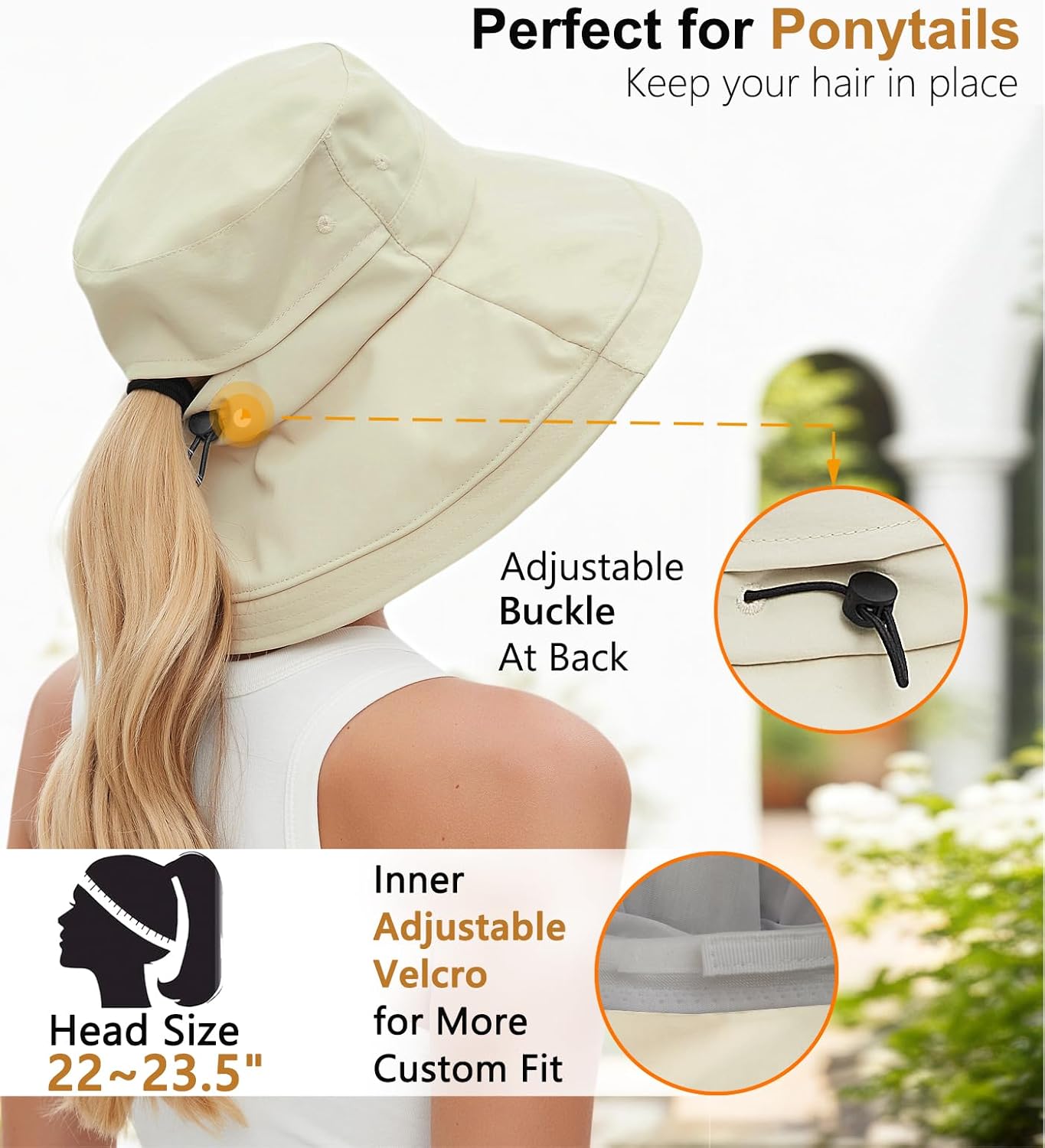 Sun Hats for Women, Wide Brim Waterproof Bucket Hat, Summer Beach Packable Ponytail Hat,UPF 50+ UV Protection - Image 3