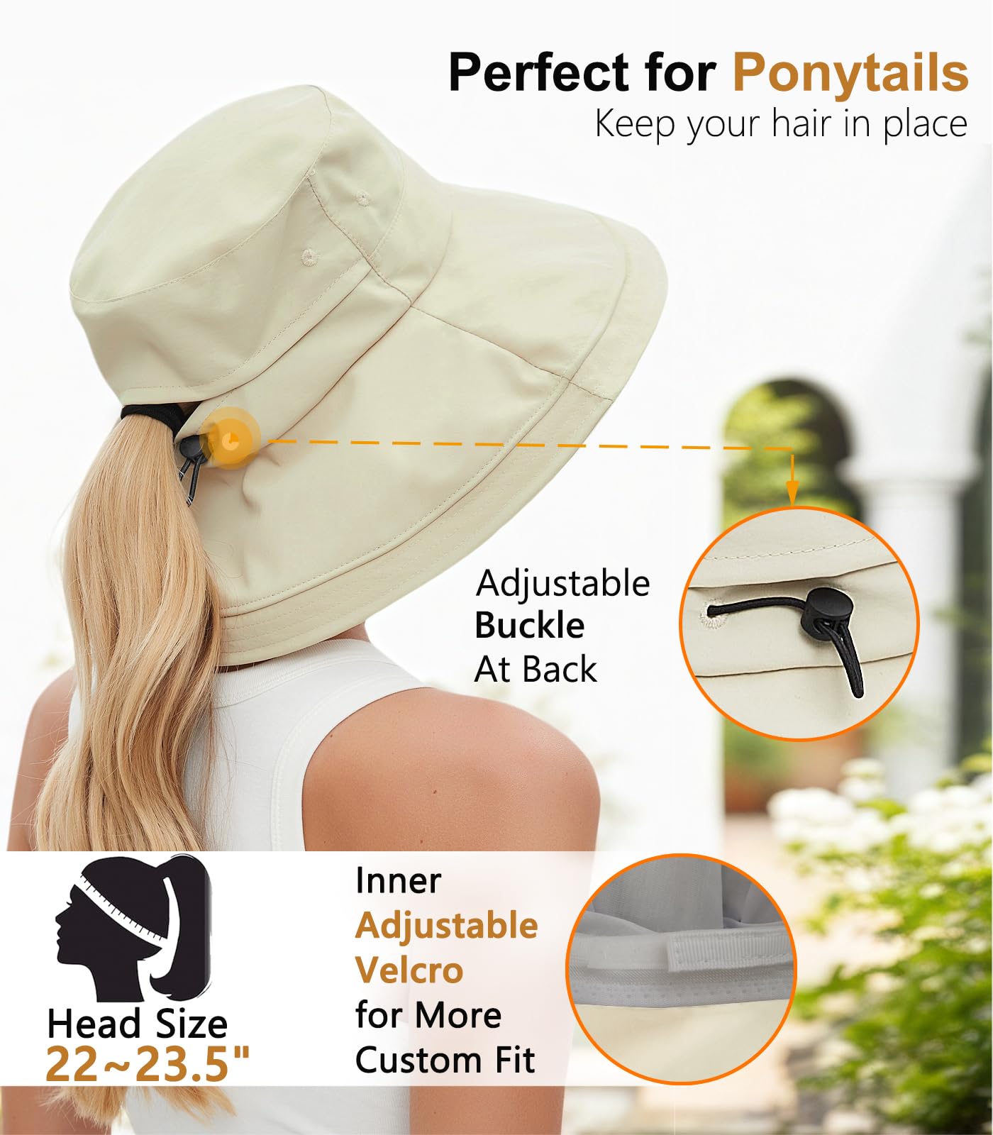Sun Hats for Women, Wide Brim Waterproof Bucket Hat, Summer Beach Packable Ponytail Hat,UPF 50+ UV Protection