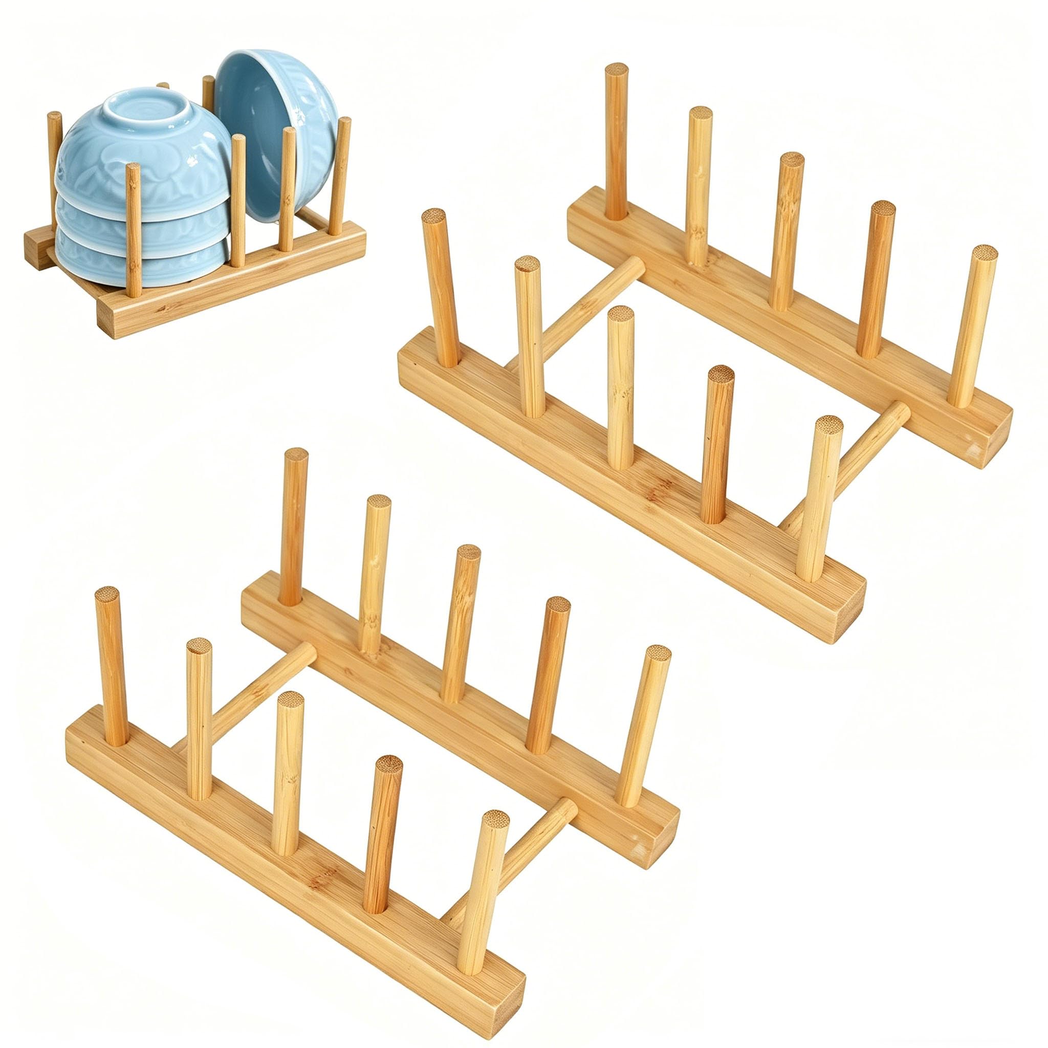 LPVVPEZ Wooden Plate Rack 2 Pack, Wooden Dish Drainer for Cupboards, Plate Racks with 4 Slots for Cutting Boards Pot Lids Dinner Plates Bowls Cups, Pine Wood Kitchen Storage Rack