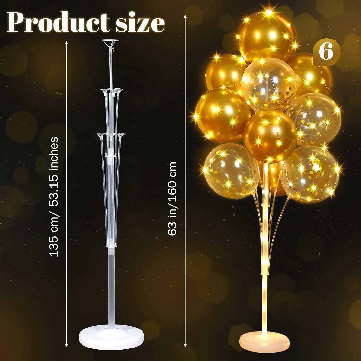 Wettarn 6 Set of Christmas Balloon Stand Kit for Floor with Balloons Light Strings Holder Centerpieces Balloon Column Kit Birthday Baby Shower Wedding Party(Gold Sequin, Gold)