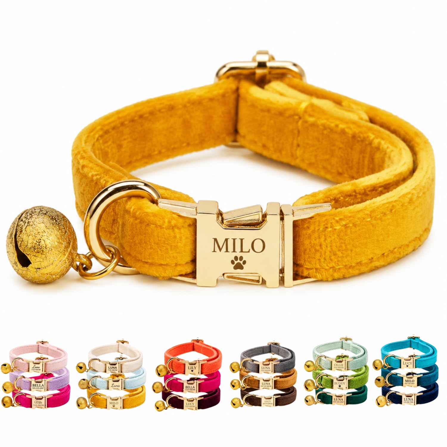 Velvet Personalised Cat Collar with Name & Phone Number Engraving – Adjustable Pet Collar with Metal Buckle & Bell – Soft Kitten ID Tag Collar for Cats Puppy – Gift for Pet Owners UK