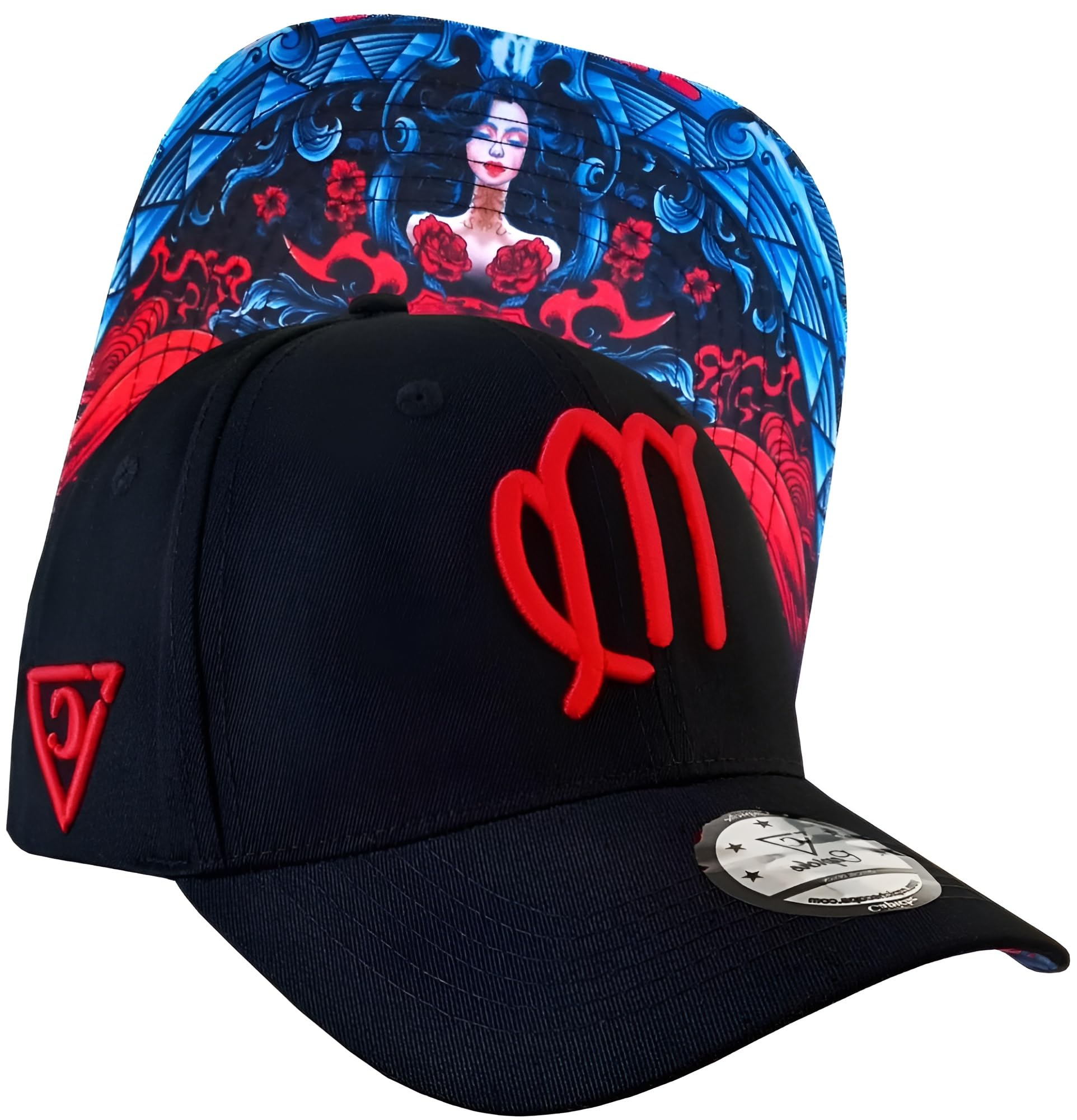 Capiche [99+ Variations] Virgo Zodiac Baseball Cap - Black Hat with Red Embroidered Symbol, Artistic Undervisor Design Featuring Theme, Curved Brim Adjustable for Astrology