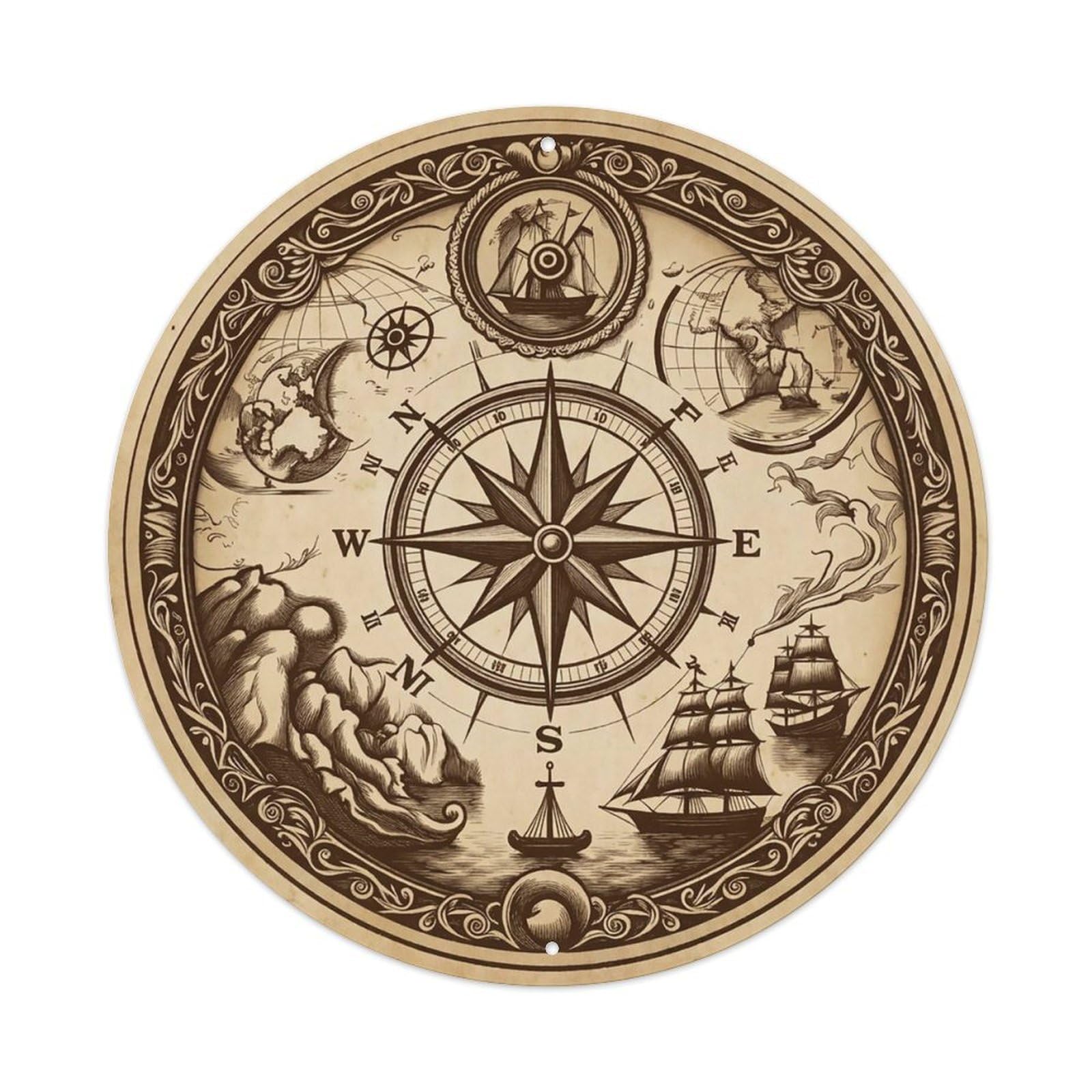 Vintage Nautical Compass World Map Traveler Chronicle Metal Tin Sign