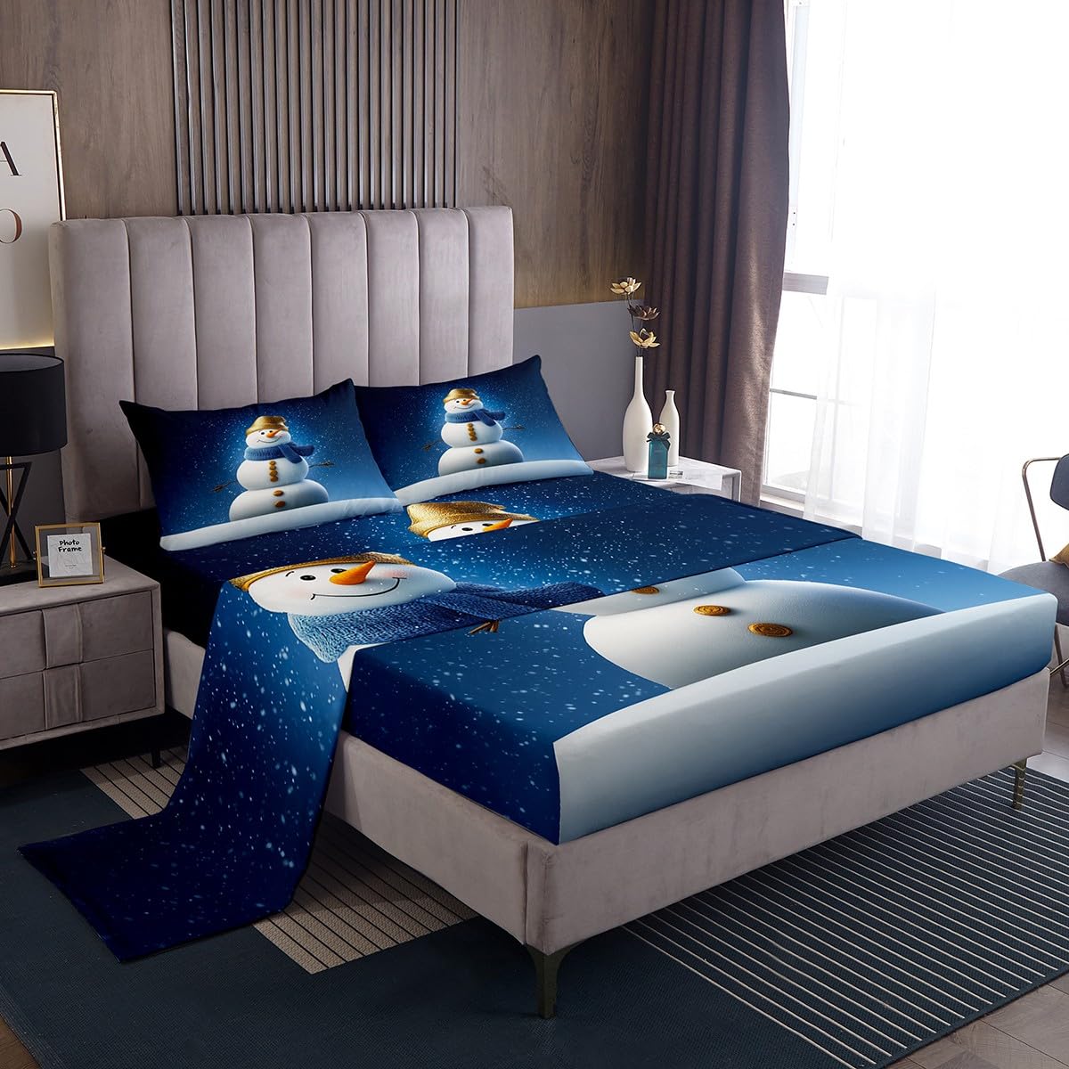 Homewish Uroczy bałwan prześcieradła podwójne Merry Christmas zestaw pościeli czapka Świętego Mikołaja bałwan zestaw pościeli - dla dzieci chłopców dziewcząt, szczęśliwego Nowego Roku dopasowane