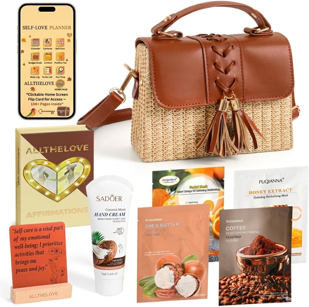 New Mom Gift Basket, New Mom Care Package for Women, Postpartum Spa Gift Set with Rattan Purse, Affirmation Cards, Clickable Digital Planner, Face Masks & Lotion