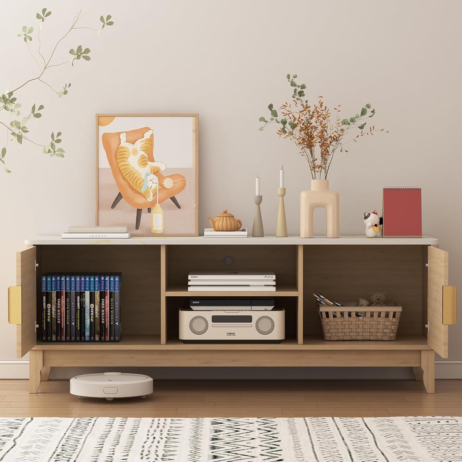 TV Stand for TV up to 65 Inches, 55" Entertainment Center with Storage Cabinets and Marble White Top, Fluted Panels, Mid Century Modern Media Console Table for Living Room, Light Wood