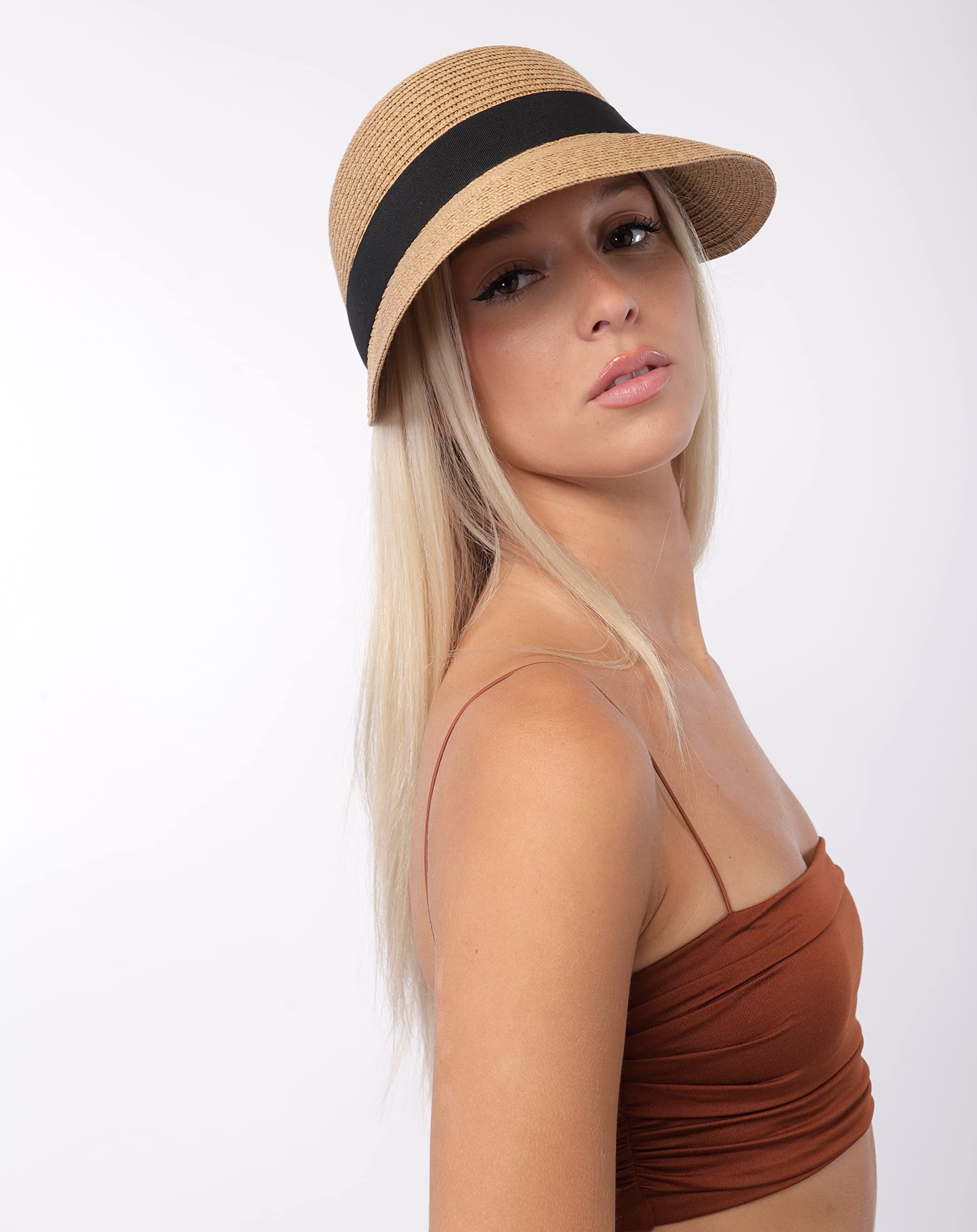 Sombrero Playa Mujer para Sol, Visera Mujer de Paja Papel para el Sol, Pamela Plegable con ala Ancha para Vacaciones y Viaje, Talla única