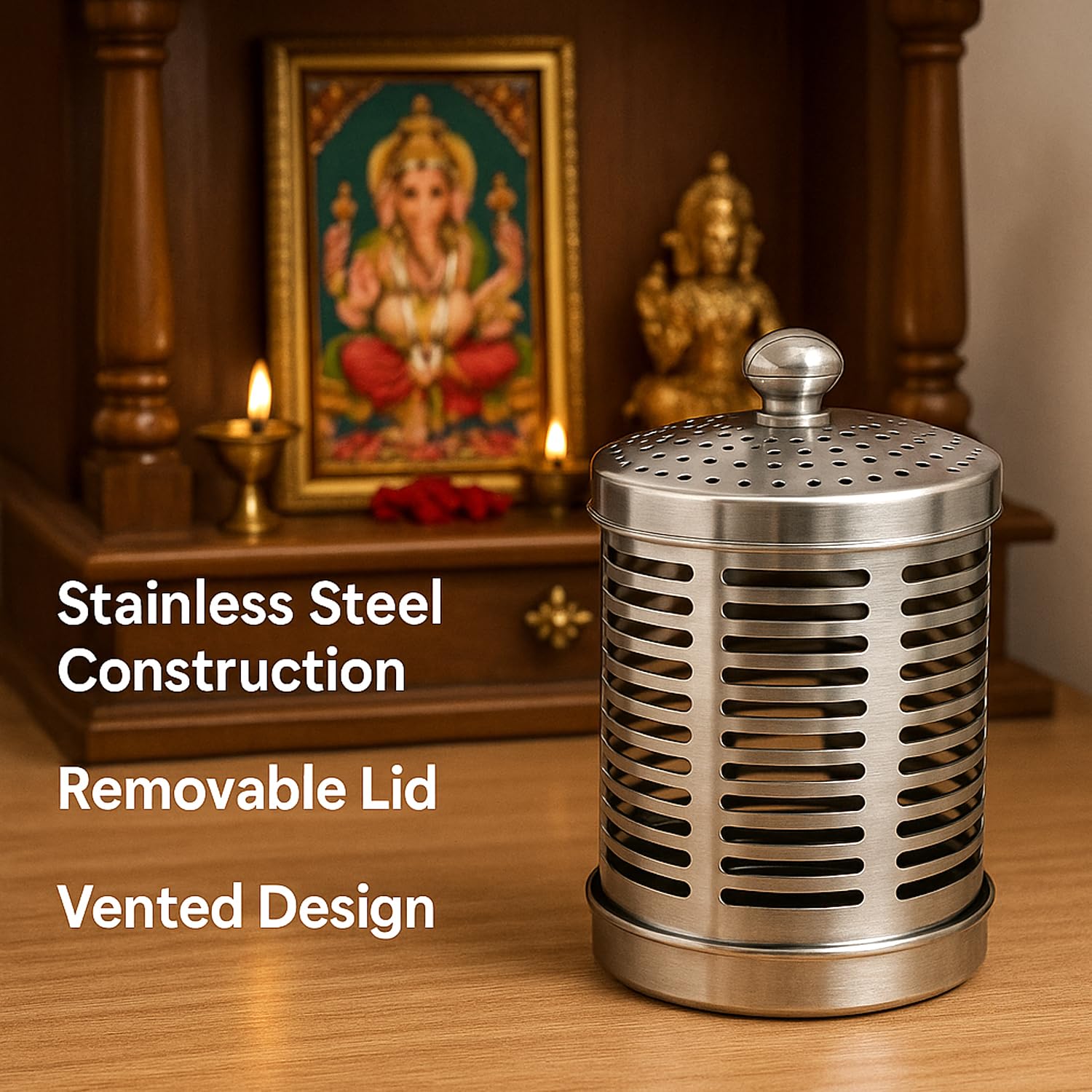SWAURSAHA Stainless Steel Akhand Diya Jyot for Puja | Rust Proof Long Burning Diya with Cover Lid | Oil Diya Stand for Pooja Temple Spiritual Home (Silver) 3
