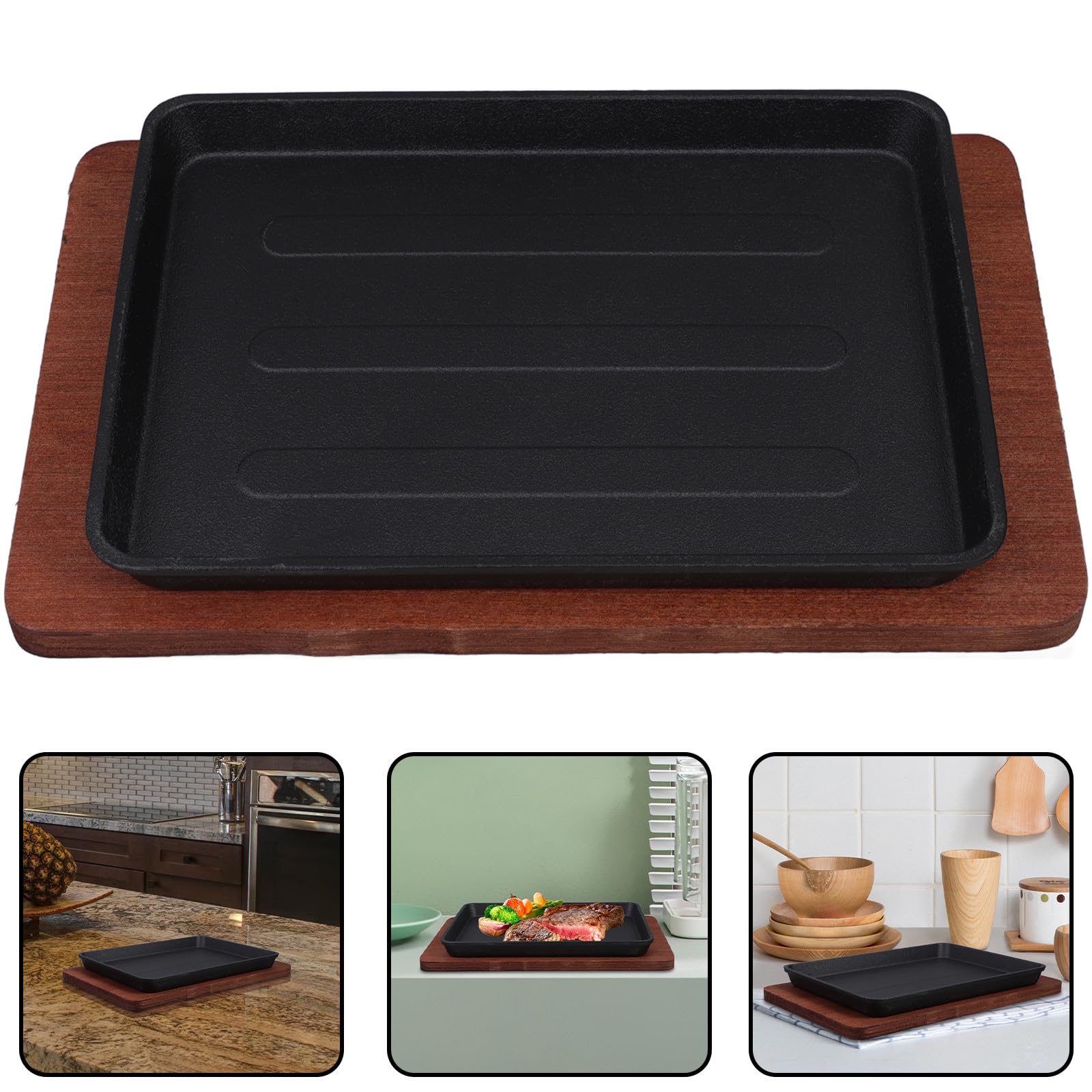 POPETPOP Piastra Quadrata Piastra Antiaderente Versatile in Ghisa Smaltata con Base in Legno di Faggio per Cucina Domestica, per Bistecche e Barbecue