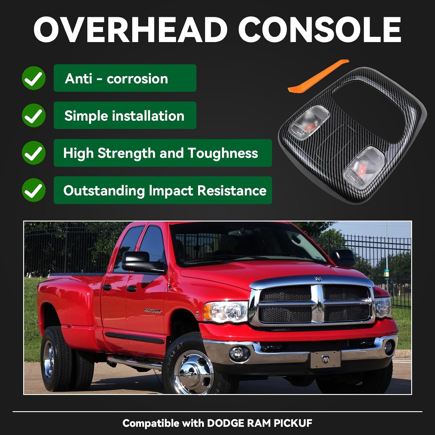 Heran Overhead Console Dome Map LED Reading Light Lamp Compatible with Dodge Ram 1500 2500 3500 4500 5500 2002-2010, Replace# 1DK78BD1AA 1DK78TL2AA (Carbon Fibre)