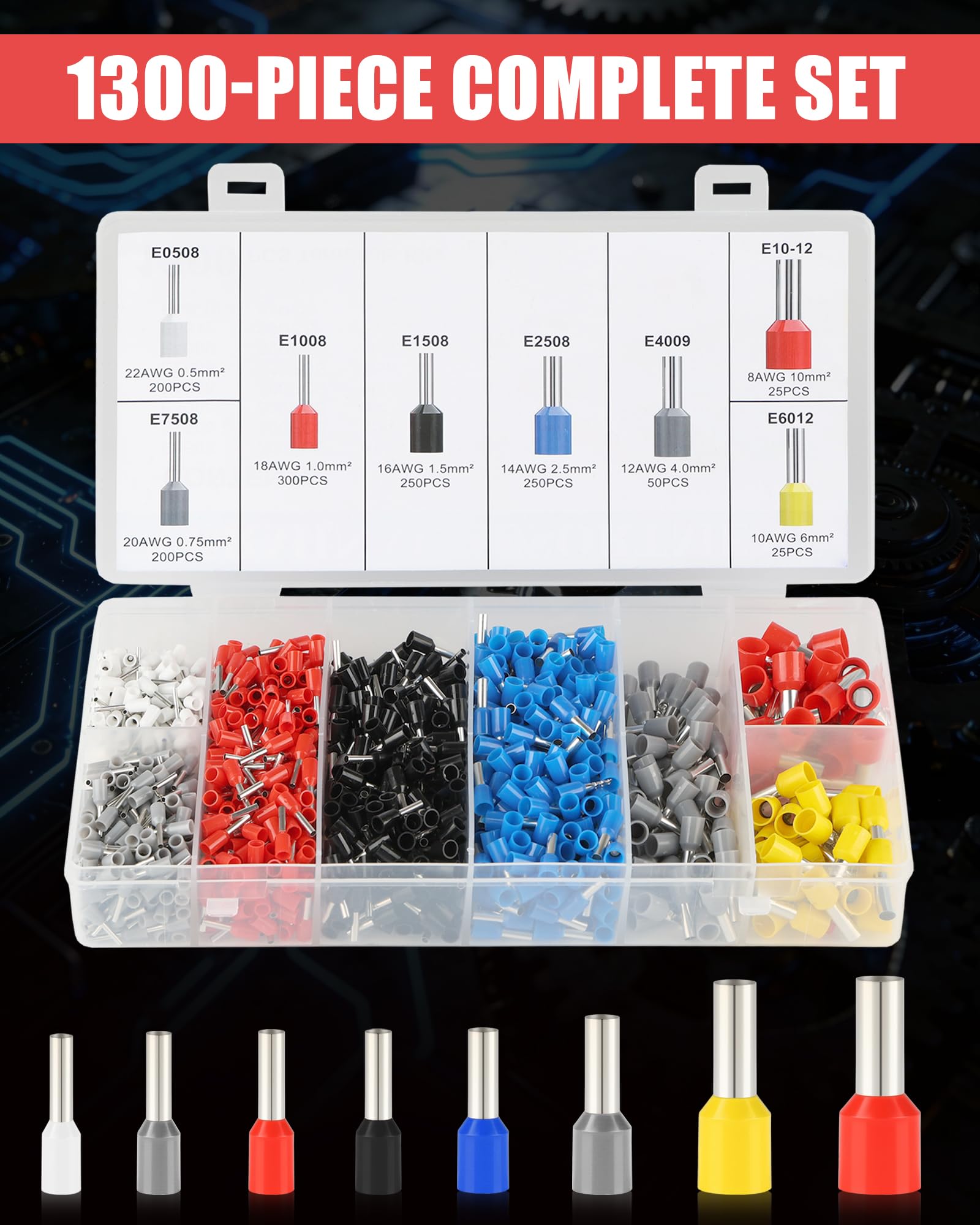 Crimpadora Terminales Eléctricos Profesional 0.25-10mm², 1300 Piezas Terminales Eléctricos para Punteras Huecas, Alicates Prensa Terminales Autoajustable con Trinquete para Electricistas