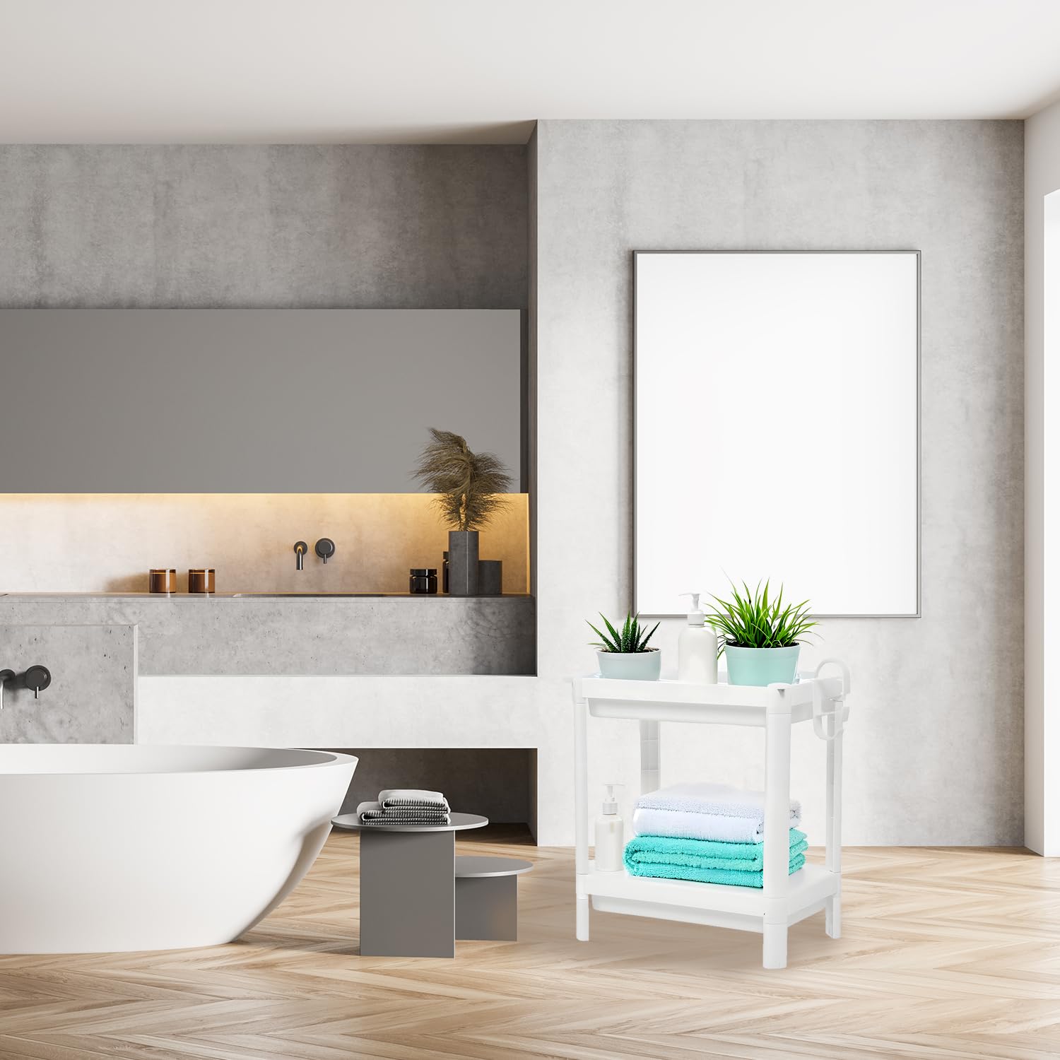 Tissting Scaffale da Bagno, Scaffale da Bagno a Torre in Plastica, Organizer Autoportante, Scaffale Multifunzionale Per Soggiorno, Camera da Letto, Cucina, Bianco(2 strati)