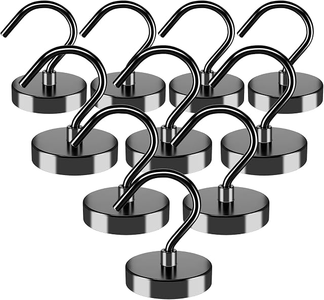 10 Pack Black Magnetic Hooks, 100 lbs+ Super Strong Magnet Hooks, Magnetic Hooks Heavy Duty, Neodymium Magnet with Hook for Hanging, Fridge Magnet Hooks for Cruise, Grill, Garage, Kitchen, Workplace