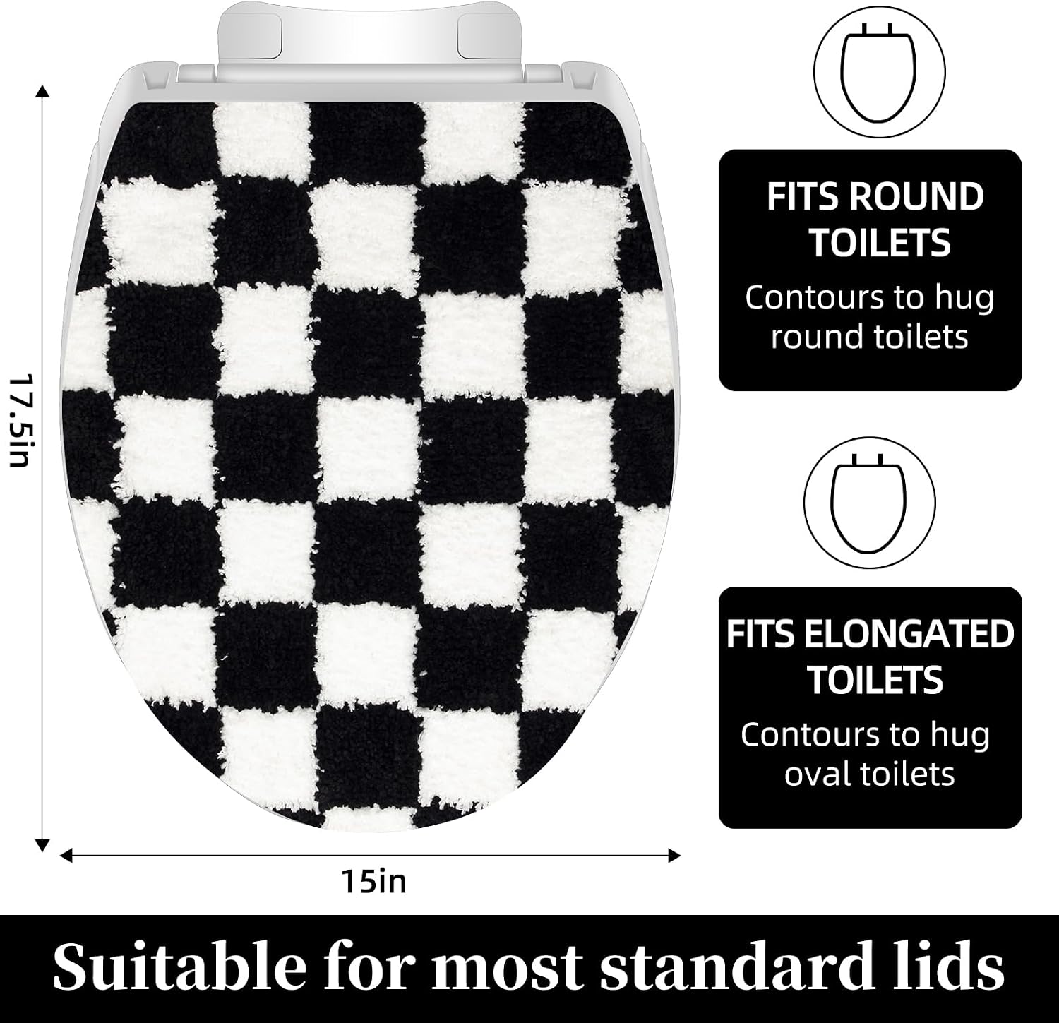 Retro Black-and-White Checkered Bathroom Toilet Seat Cover Classic black-and-white checkered toilet seat cover Machine-washable bathroom decor Fits most round, oval, and elongated (black and white)