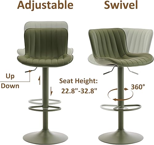 Miniatura 6 de YOUNIKE Juego de 2 taburetes de bar verdes de altura de encimera de cocina con respaldo, modernos taburetes de bar tapizados de piel sintética