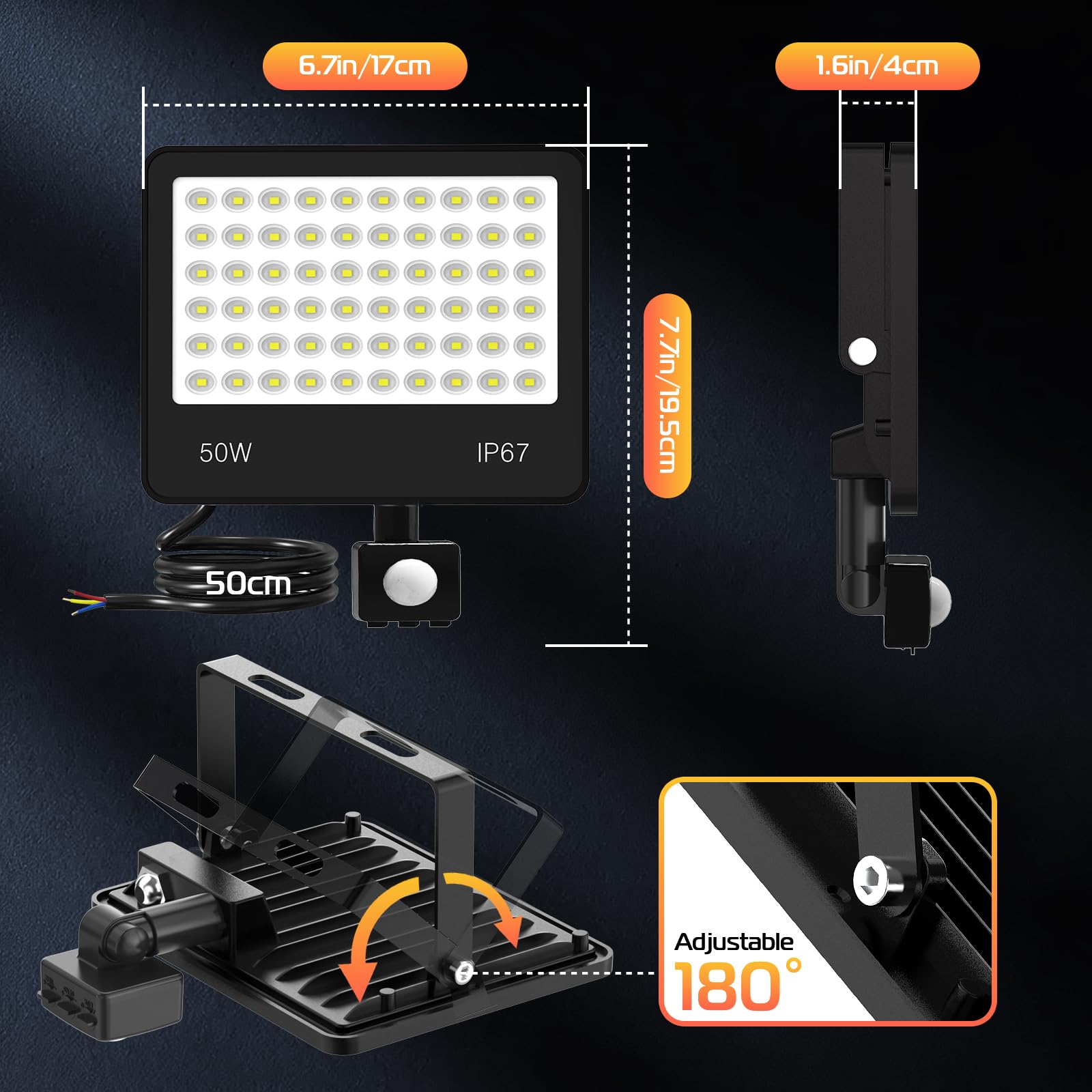 50W Faretto Led da Esterno con Sensore di Movimento, 2 Pezzi Faretti Esterni con PIR 5000LM 6500K Bianco Freddo, IP67 Impermeabile Faro LED per Terrazza Giardino Garage Vialetto