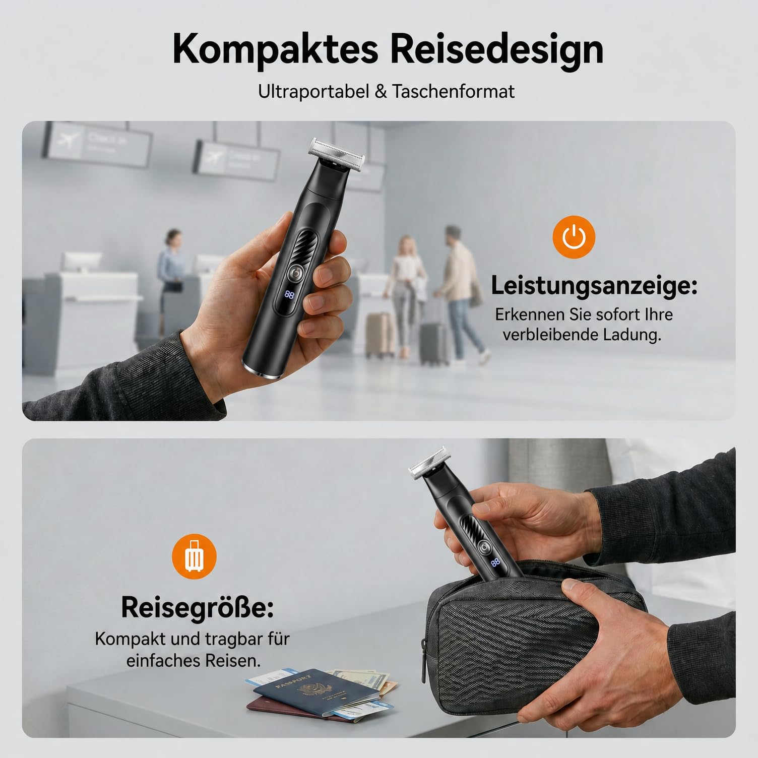 Barttrimmer Herren, Rasierer Herren Elektrisch multifunktional Körperrasierer Typ-C Nass&Trocken mit 4 Aufsteckkämmen, 120 Min Laufzeit Digitalanzeige für Bart & Körperhaare