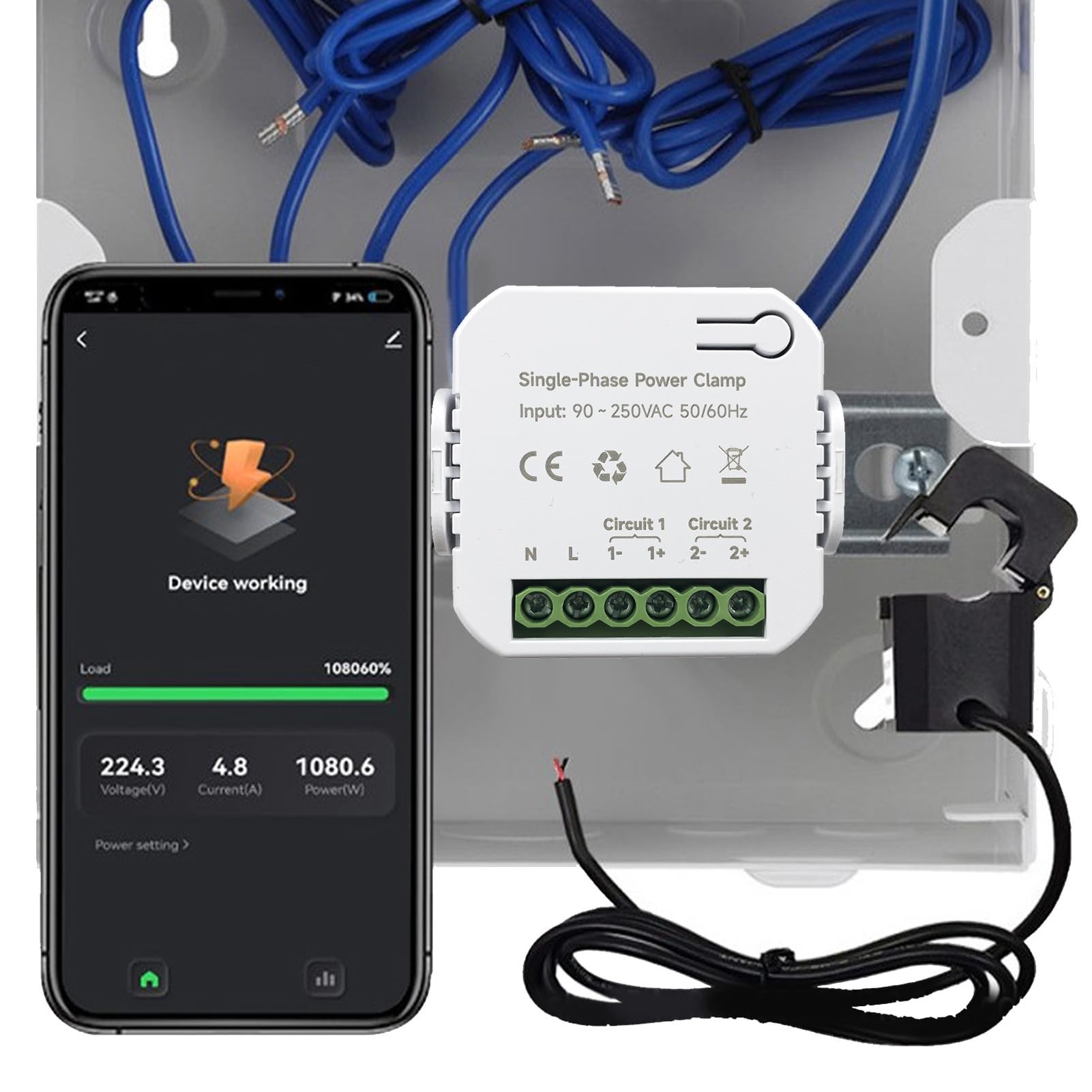 Tester per contatore elettrico WiFi Smart Energy Monitor con trasformatore di corrente 120 A, misurazione in tempo reale su ampio intervallo 90-AC, uso residenziale