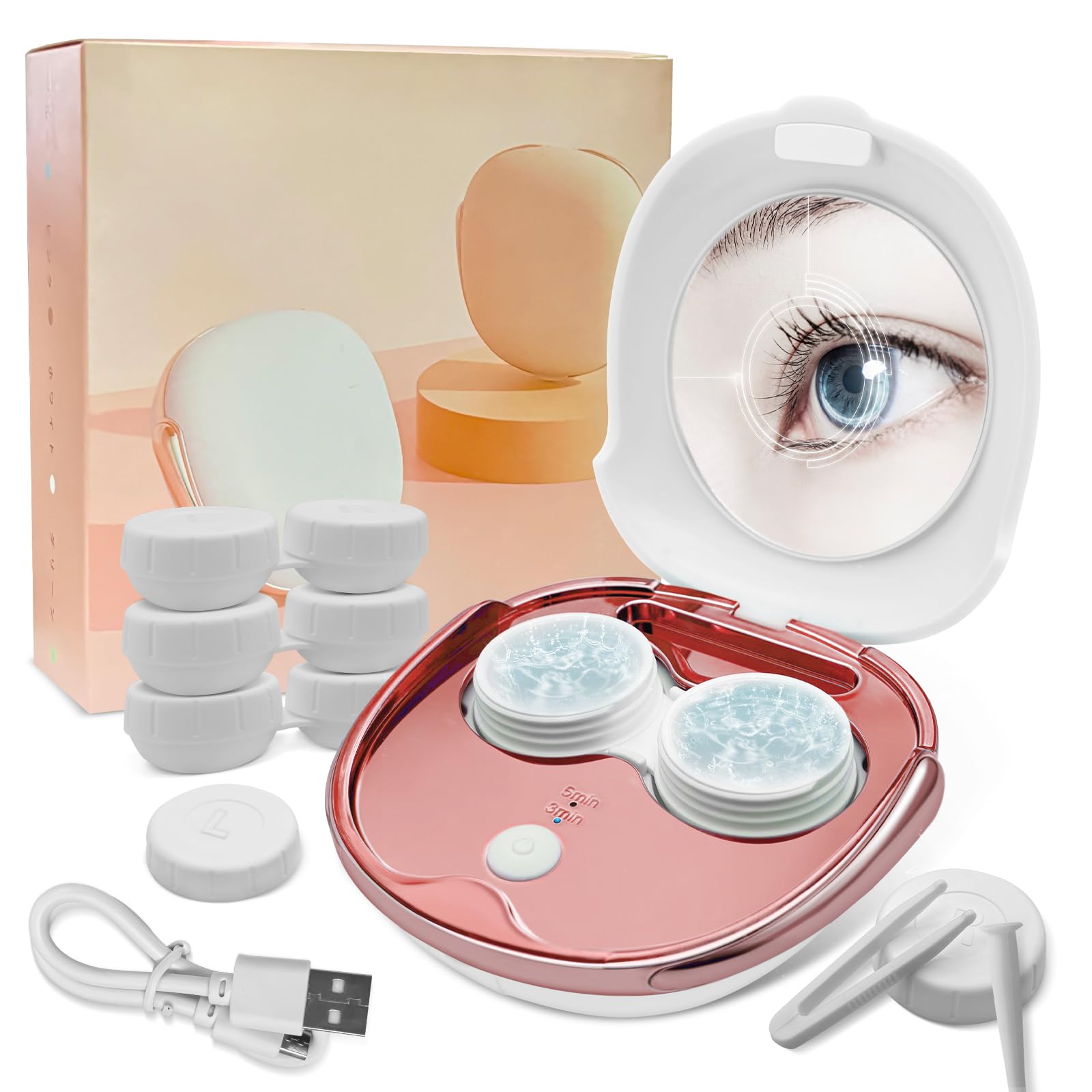 White Contact Lens Cleaner, Portable Ultrasonic Contact Lens Cleaning Machine with USB Charger and Solution Soak Case Kit for Soft Lens, Colored Contact Lens, Hard Lens, RGP Lens and OK Lens