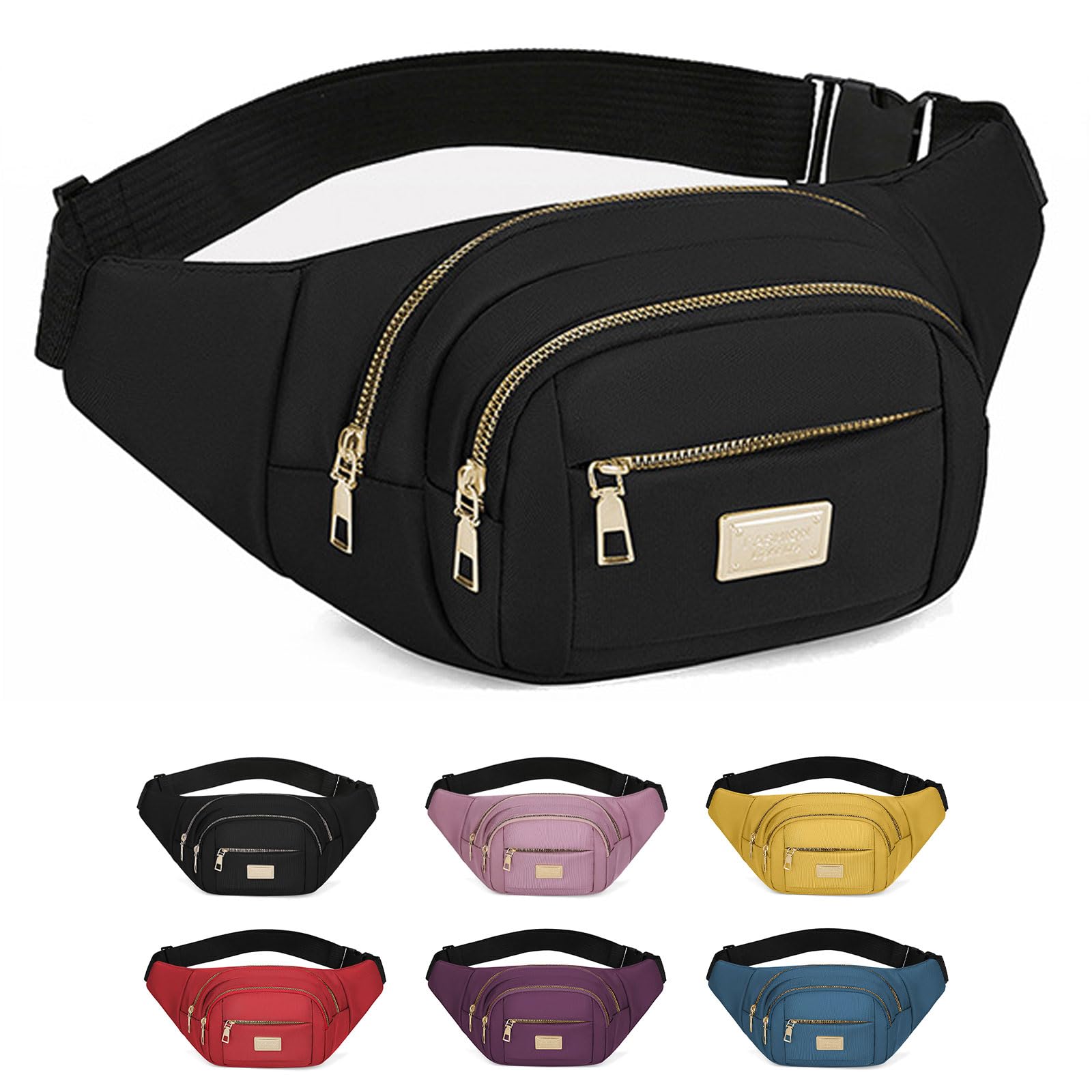 ADUDVLO Bumbags for Ladies Women Men Lightweight Adjustable Bum Bag Fanny Pack with 4 Zipper Pockets,Fashionable Waist Pack for Travel, Running, Hiking, Cycling (Black)