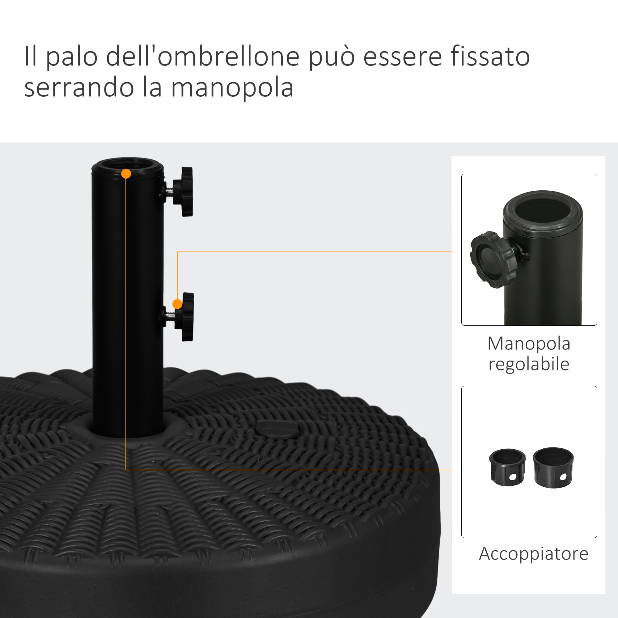 Outsunny Base per Ombrellone con Manopole Incorporate, Basamento per Ombrellone in HDPE e Acciaio con Beccuccio Laterale, per Pali di Ombrelloni da Ø38/48 mm, Ø51x36 cm, Nero