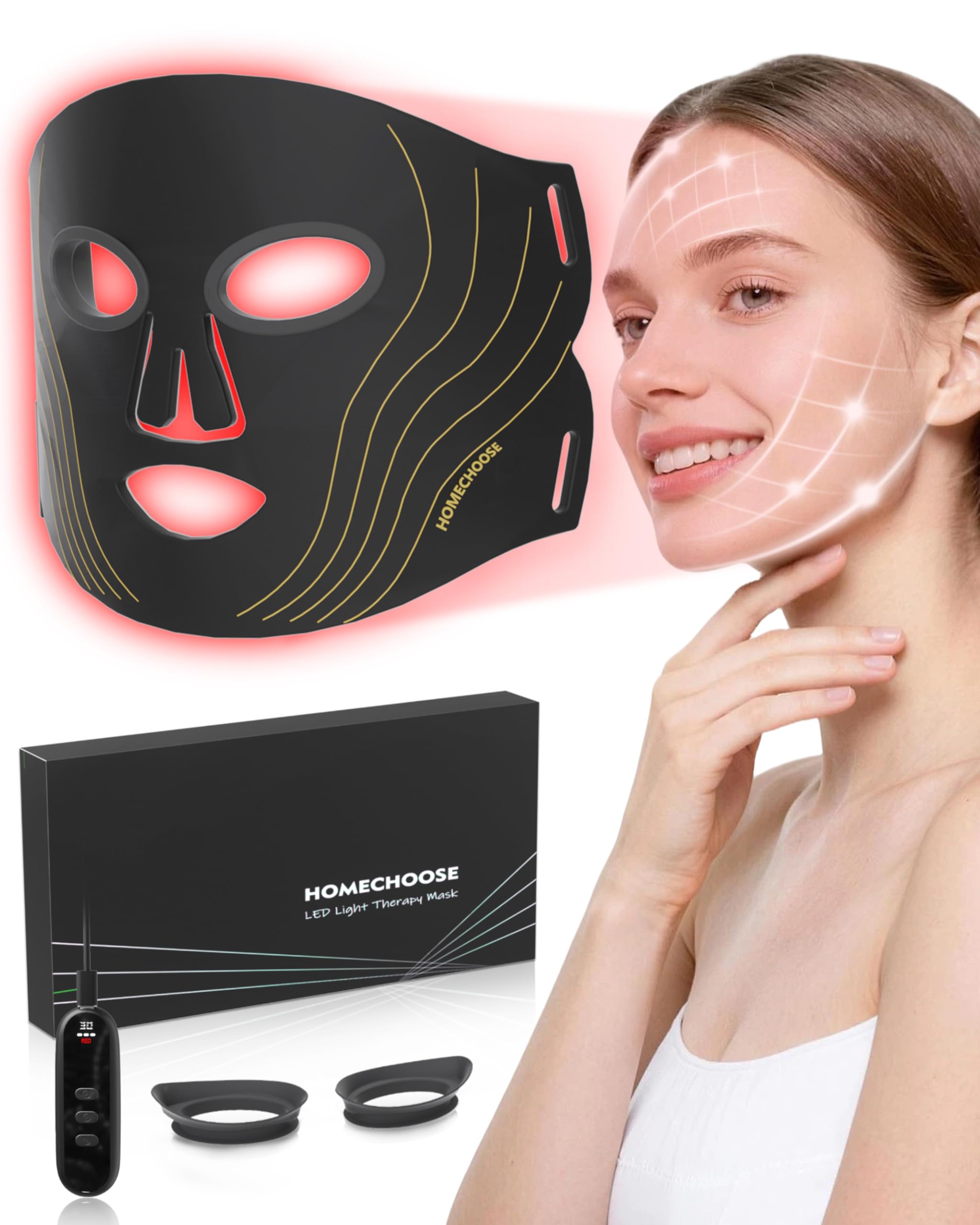 Rotlichttherapie für Gesicht, 4 Modi LED Gesichtsmaske, 2000mAh LED Gesichtsmaske Lichttherapie mit Fernbedienung, 850NM Infrarot/100 LEDs/Timer-Funktion für Zuhause & Reisen (Blau/Orange)