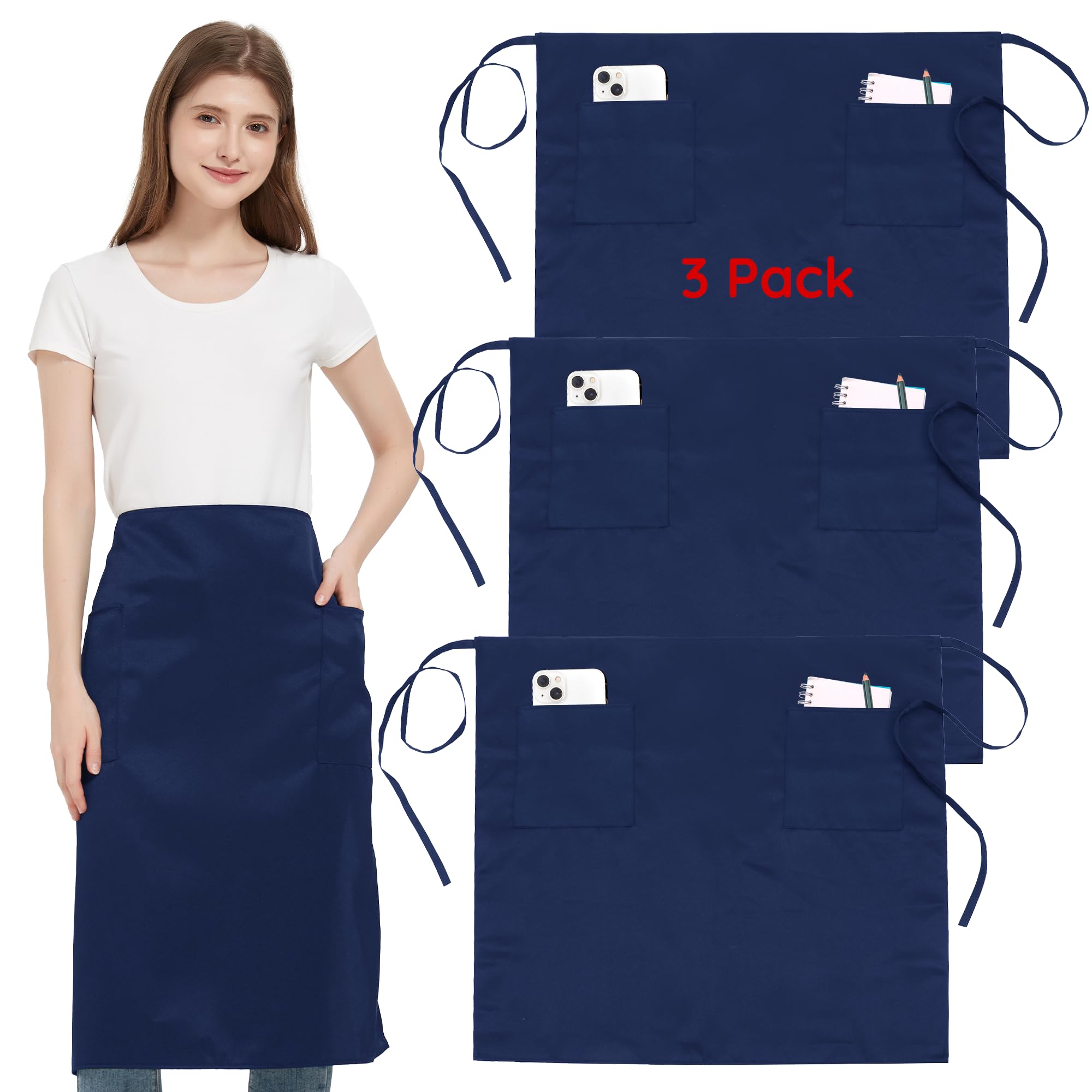 3 Pack Long Server Waist Apron with 3 Pockets for Waitress Waiter Unisex