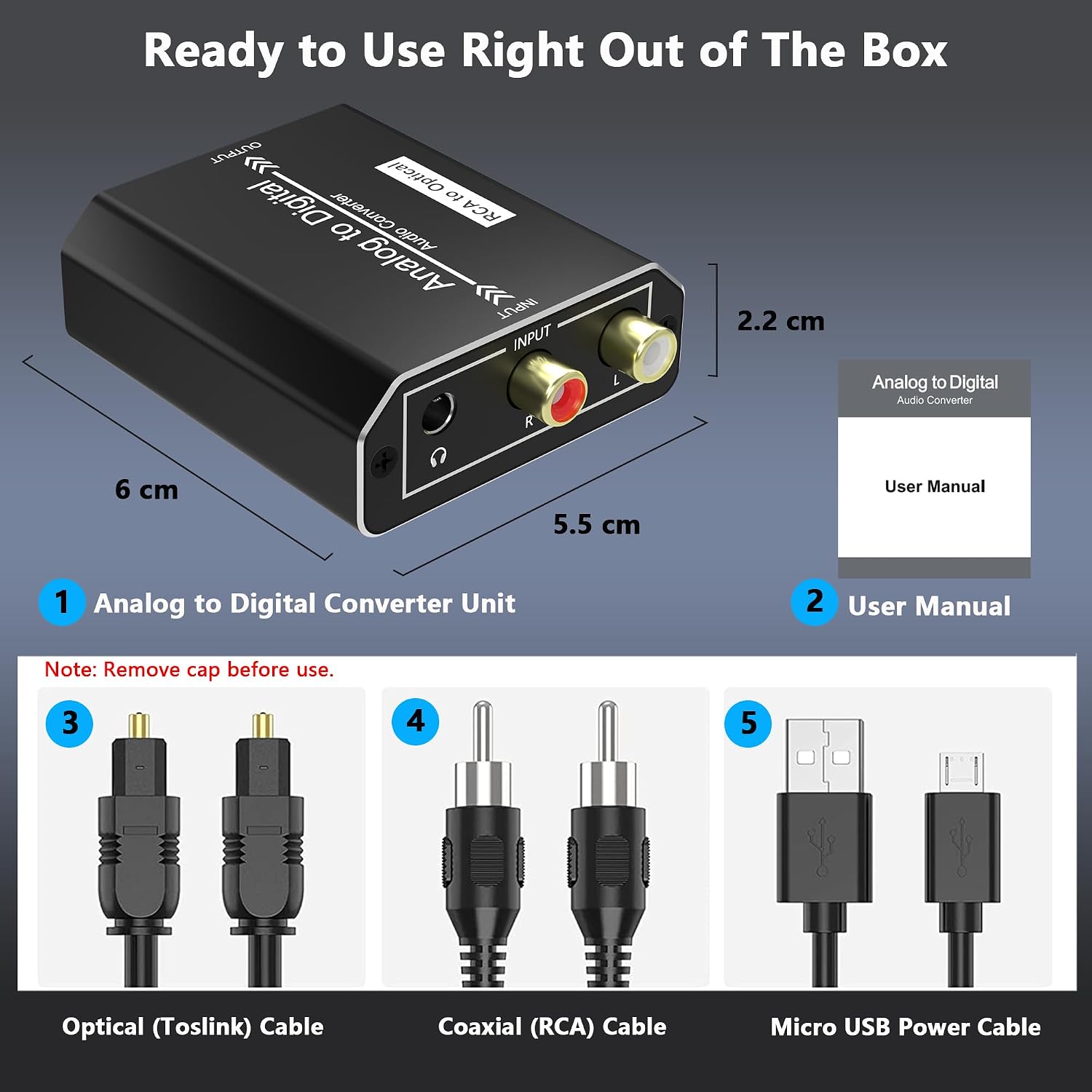 Analog to Digital Audio Converter, RCA to Optical Converter, RCA/3.5MM to Toslink and Coaxial Adapter, 48kHz/24bit PCM LPCM Stereo ADC for PS5/PS4/DVD/TV/CD/Game Console/Soundbar/Headphone