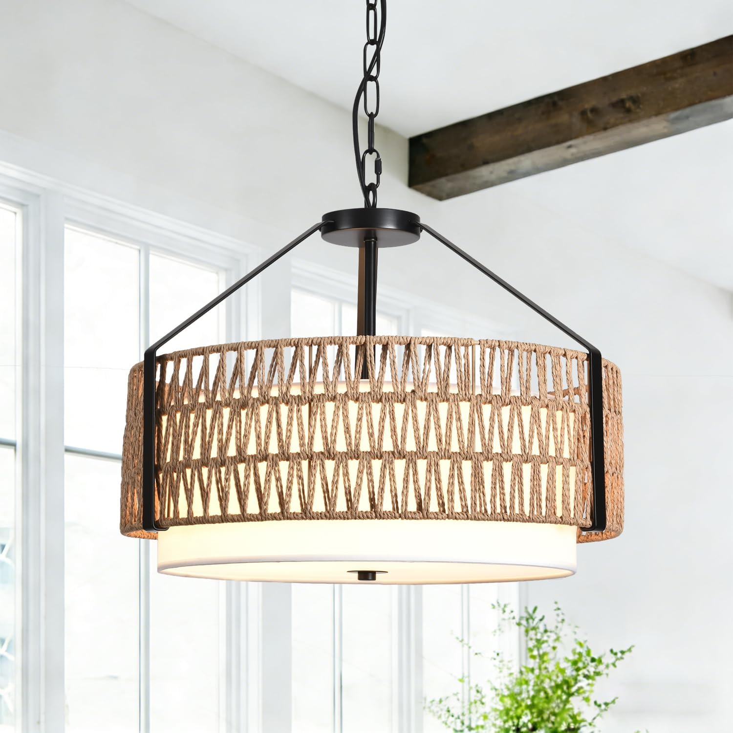 4-Light Boho Light Fixtures 17.7" Rattan Pendant Light Rustic Farmhouse Chandelier for Dining Flush Mount Ceiling Hanging Light Fixture for Hallway Entryway Kitchen Island
